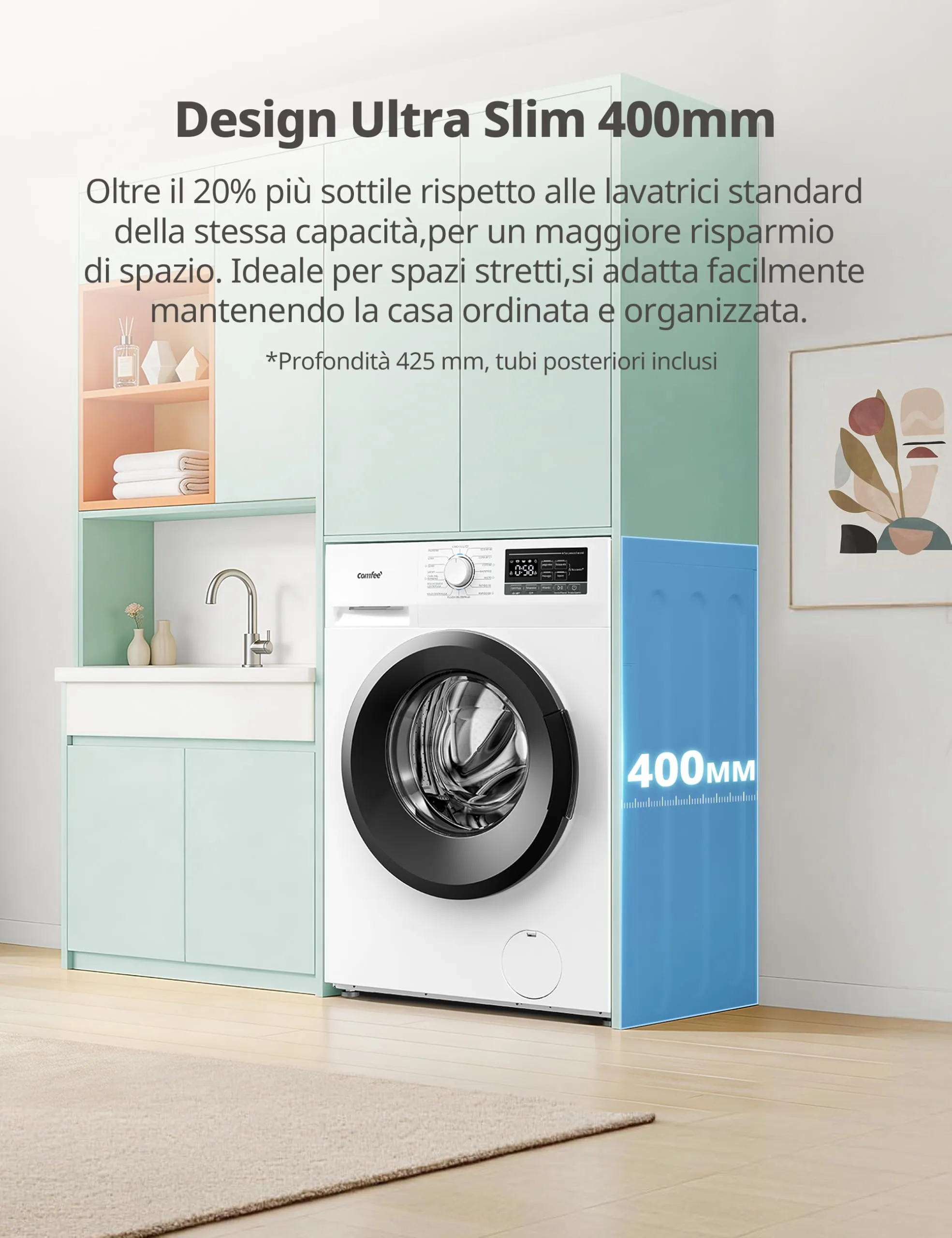 COMFEE' Lavatrice Ultra Slim 6 kg 40 cm Classe A-10% Motore BLDC CFP01EW60W - immagine 5