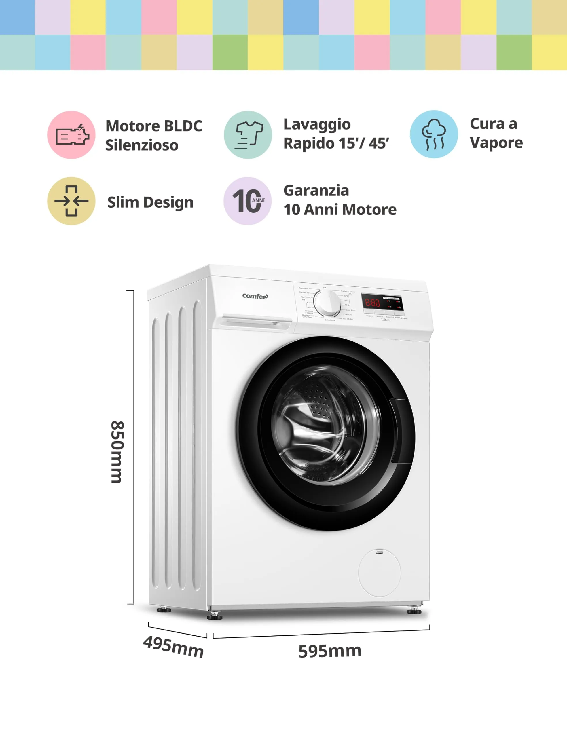 COMFEE' Lavatrice Slim 9 kg Classe A 1400 Giri Motore BLDC CFP01EW90W - immagine 2