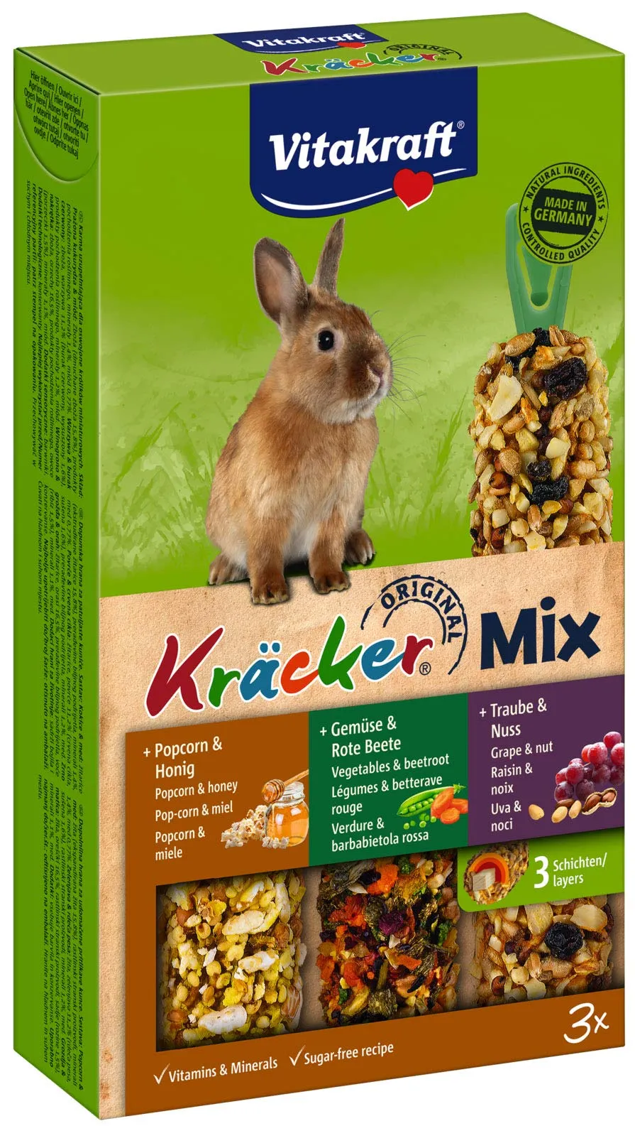 Vitakraft Kräcker Mix per conigli nani, con popcorn, miele, verdura, barbabietola rossa, uva e noci, senza zuccheri e cereali, 160g - immagine 2