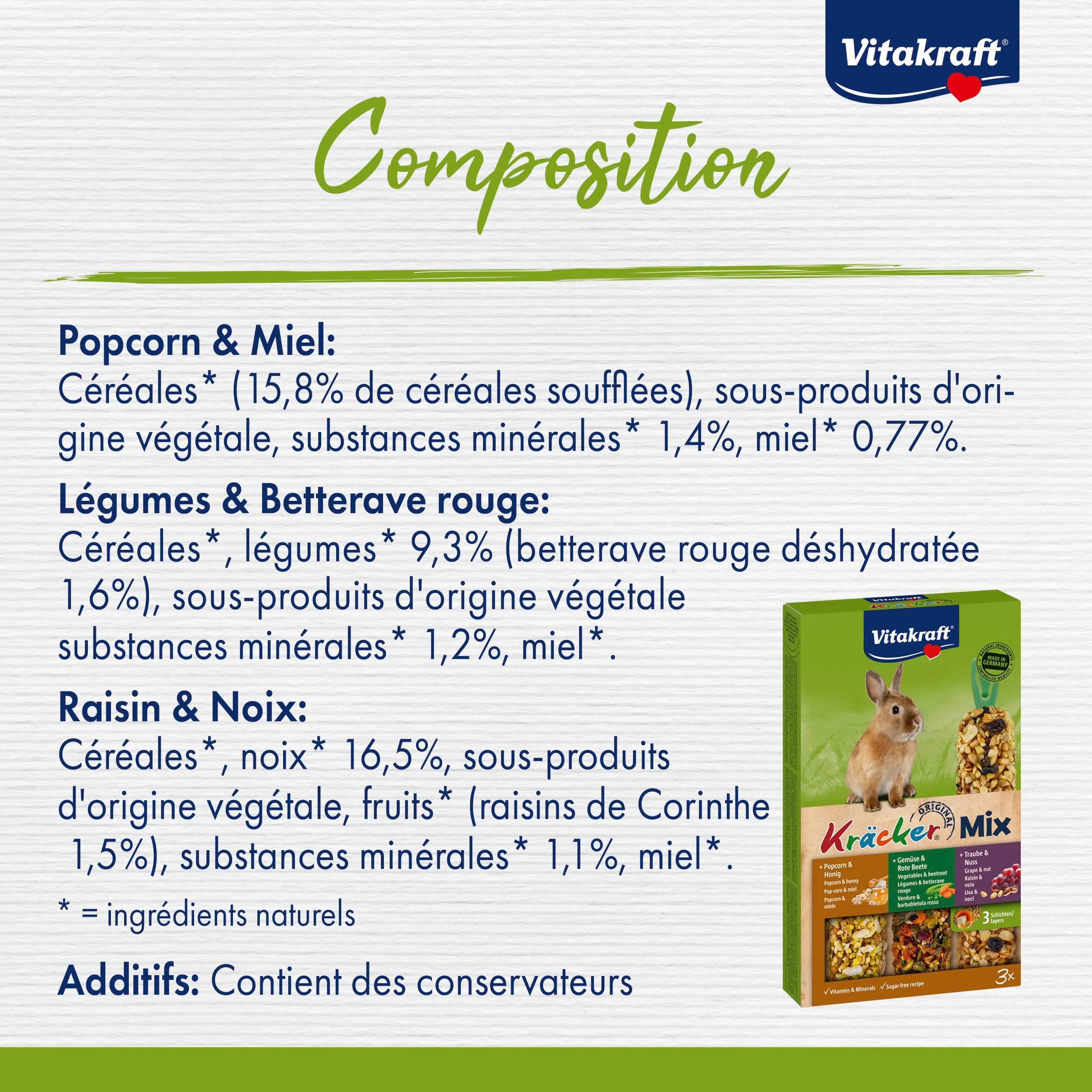 Vitakraft Kräcker Mix per conigli nani, con popcorn, miele, verdura, barbabietola rossa, uva e noci, senza zuccheri e cereali, 160g - immagine 4