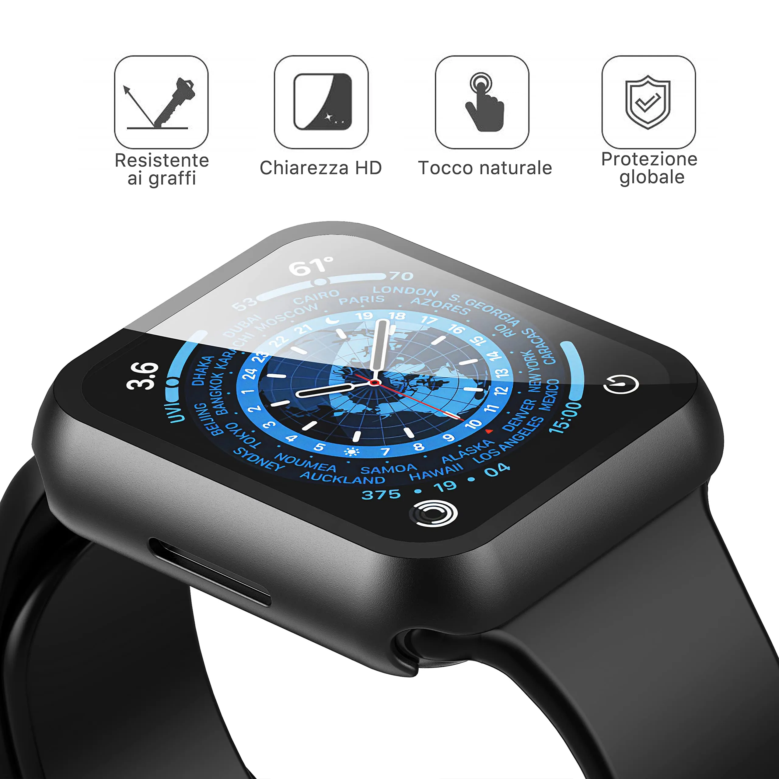Misxi Custodia Rigida con Vetro Temperato per Apple Watch Serie 7 8 9 45mm, Nero (2 Pezzi) - immagine 2