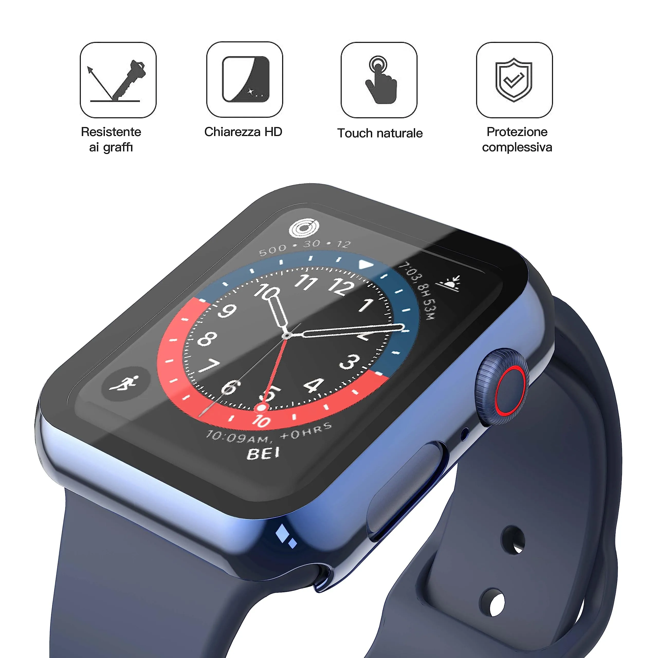 Misxi Cover con Vetro Temperato per Apple Watch Serie 6/SE/5/4 44mm, 2 Pezzi (1 Blu + 1 Trasparente) - immagine 2