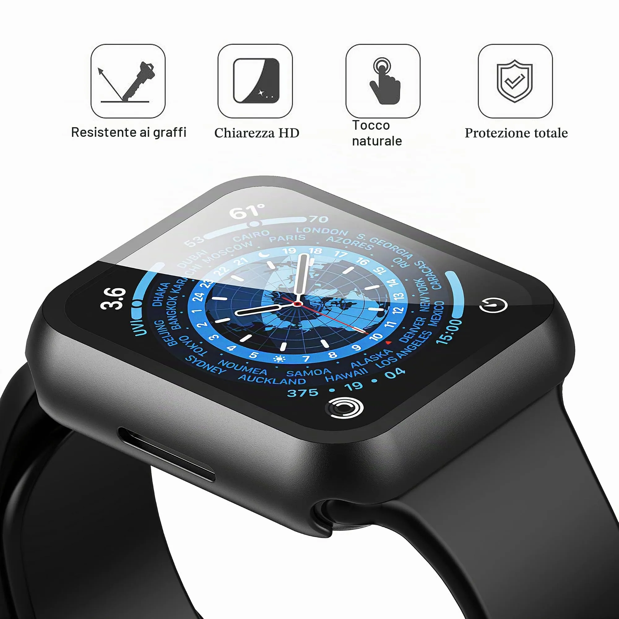 Misxi Custodia Rigida con Proteggi Schermo in Vetro per Apple Watch Series 7 8 9 41 mm, Nero (Set di 2) - immagine 2