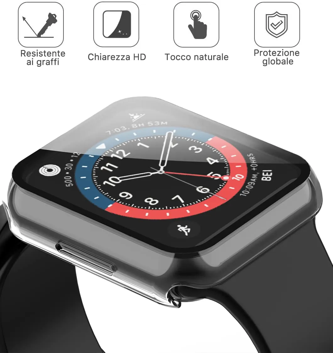 Misxi Custodia Rigida Trasparente con Vetro Temperato per Apple Watch Serie 9, 8, 7 41mm (2 Pezzi) - immagine 2