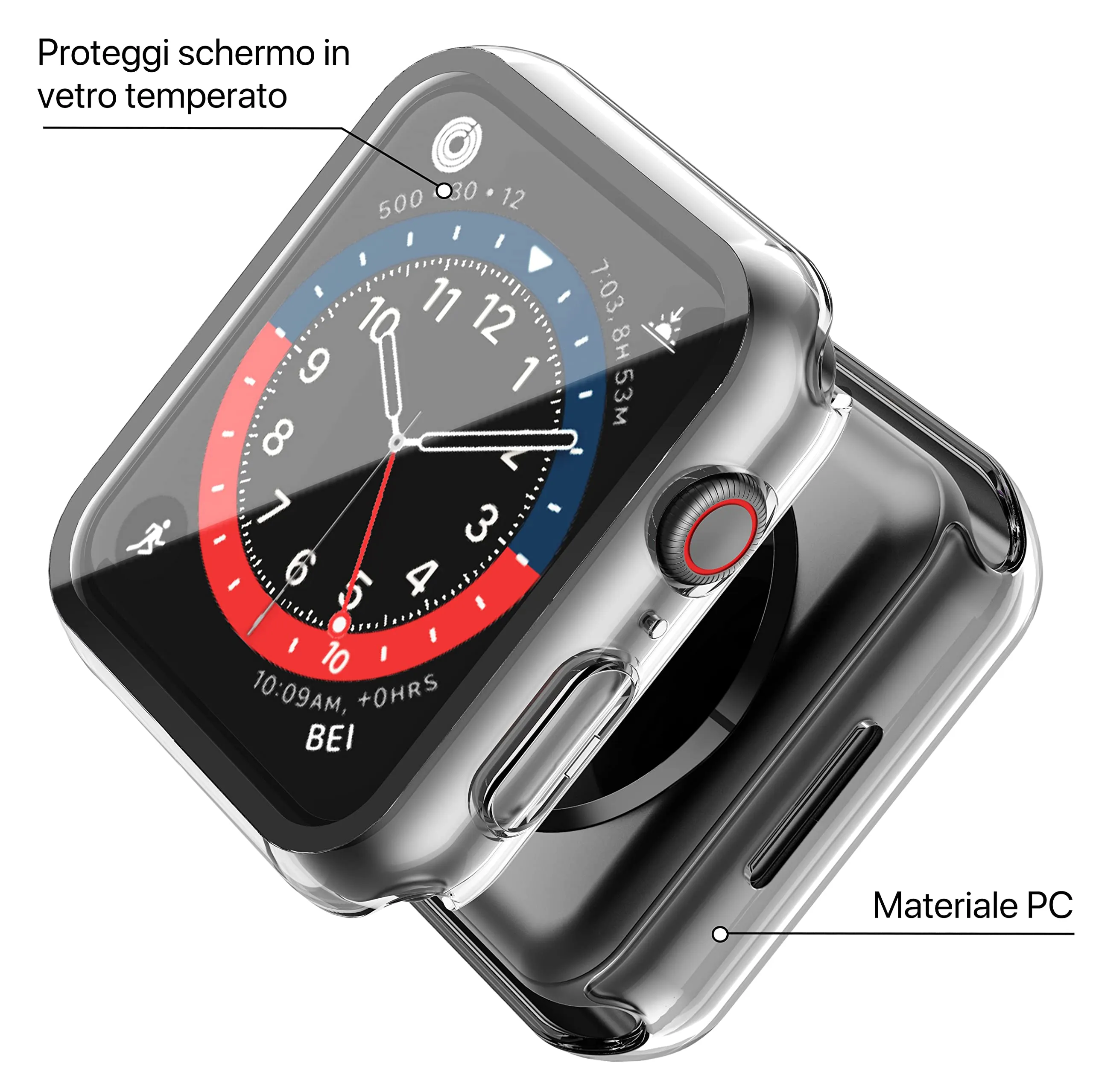 Misxi Custodia Rigida Trasparente con Vetro Temperato per Apple Watch Serie 9, 8, 7 41mm (2 Pezzi) - immagine 3