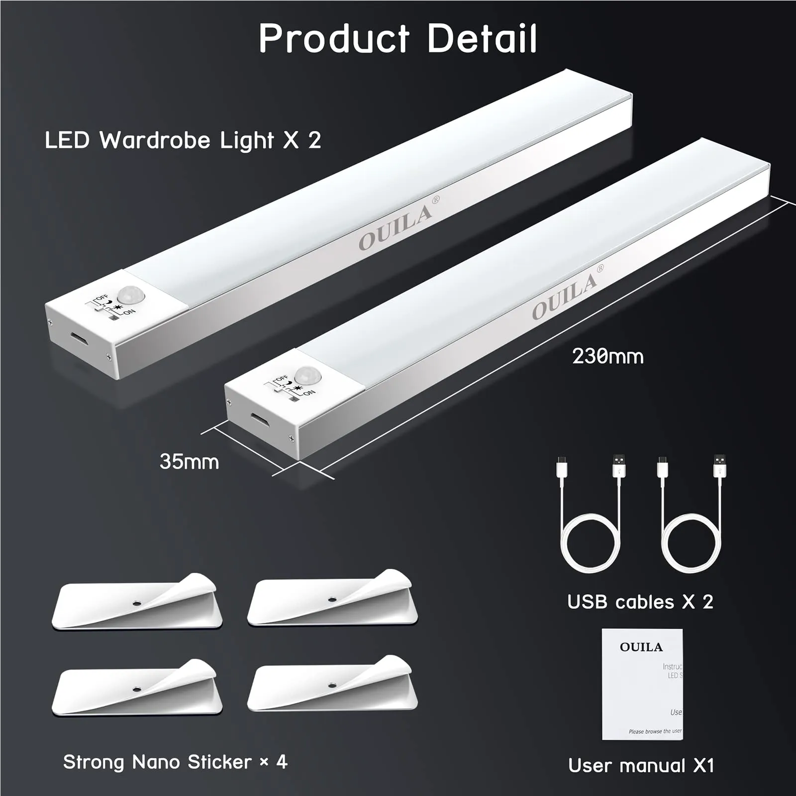 OUILA Luce Armadio LED con Sensore di Movimento, 2 Pezzi 23cm, Bianco Freddo - immagine 7