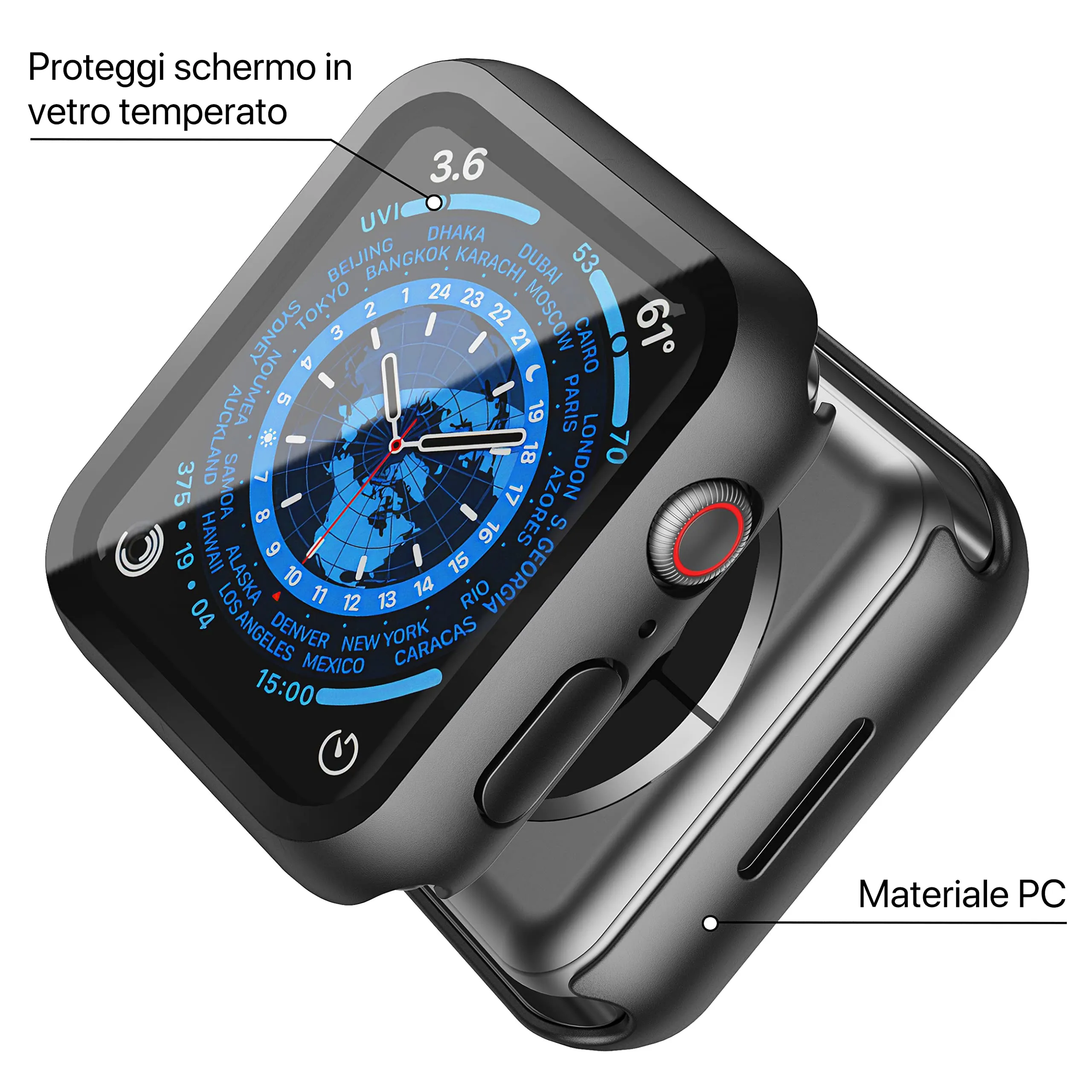 Misxi Custodia Rigida con Vetro Temperato per Apple Watch Serie 9 8 7 41mm, Nero (2 Pezzi) - immagine 3