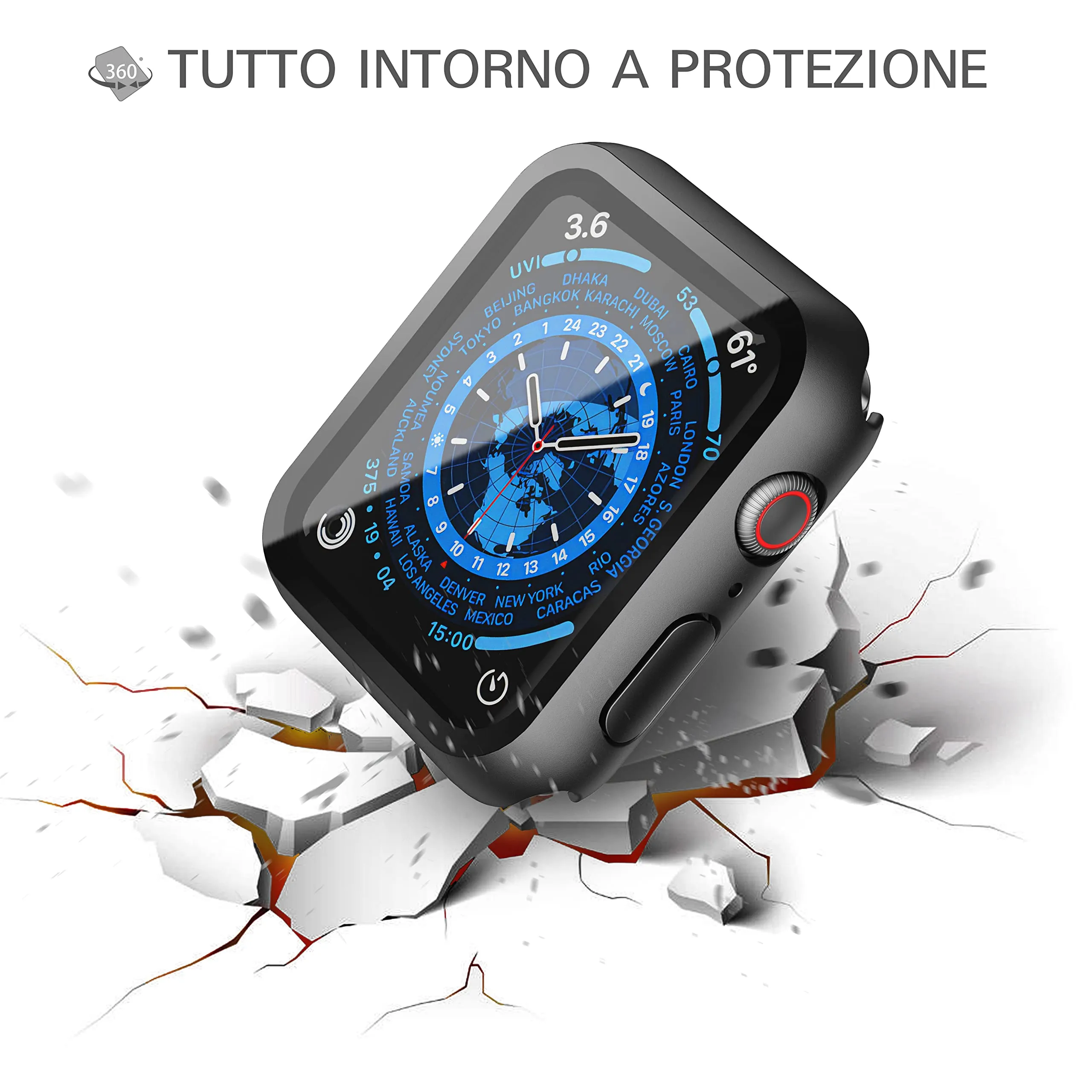 Misxi Custodia Rigida con Vetro Temperato per Apple Watch Serie 9 8 7 41mm, Nero (2 Pezzi) - immagine 4