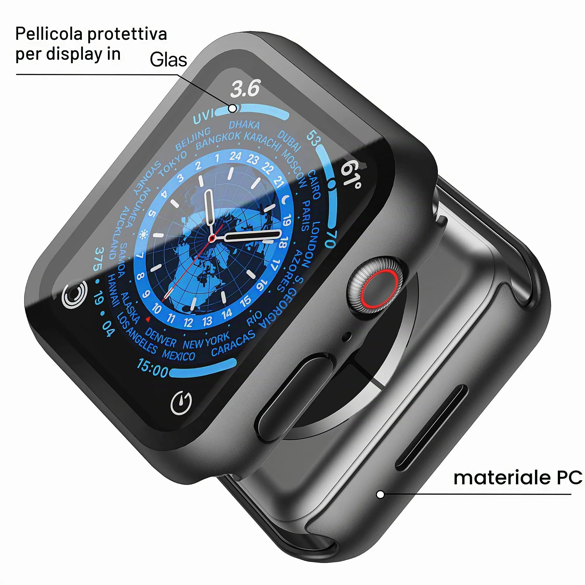 Misxi Cover per Apple Watch Series 9, 8, 7 45mm con Vetro Temperato, Black (2 Pezzi) - immagine 3