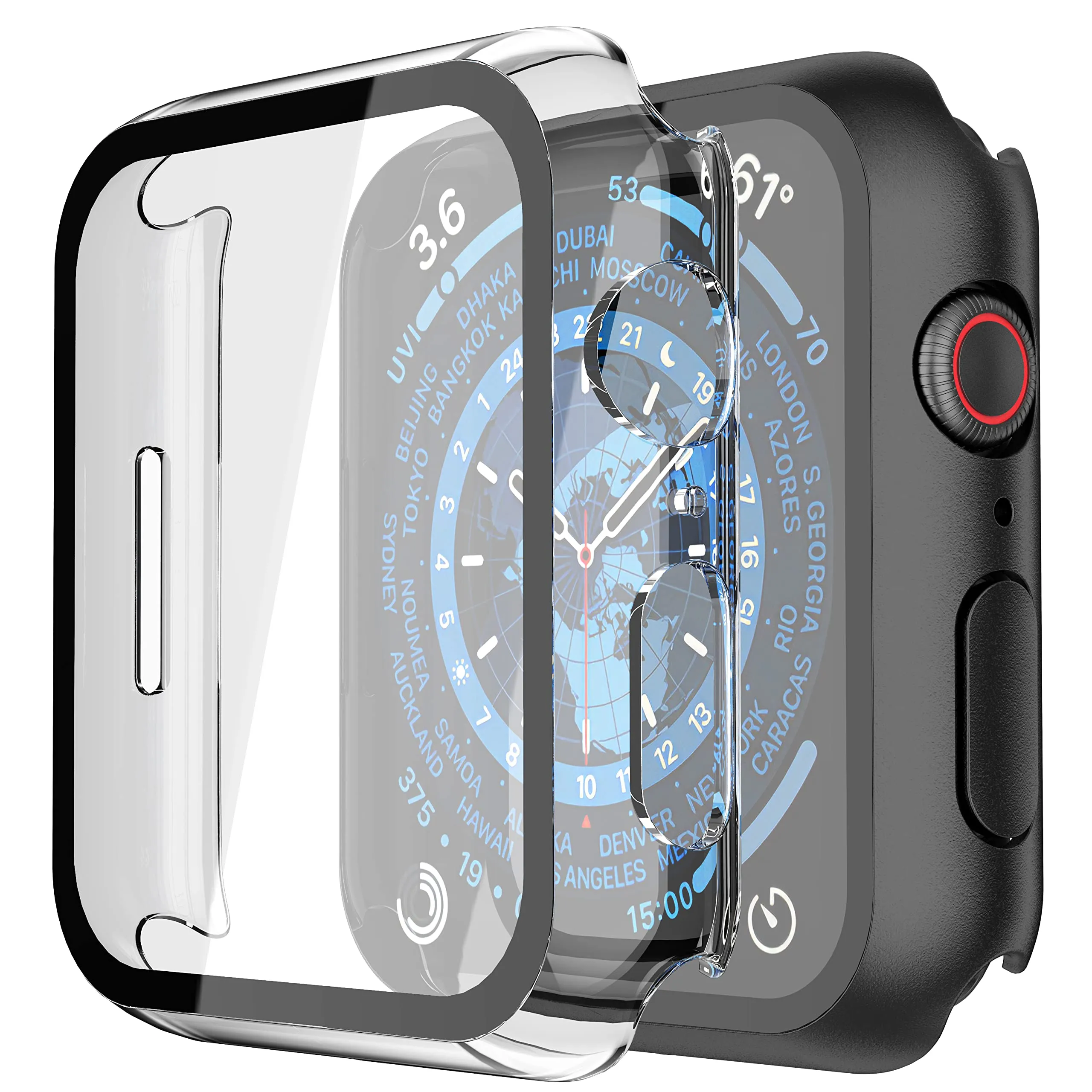 Misxi Custodia Rigida con Vetro Temperato per Apple Watch Serie 9, 8, 7 41mm, 1 Nero + 1 Trasparente - immagine 1
