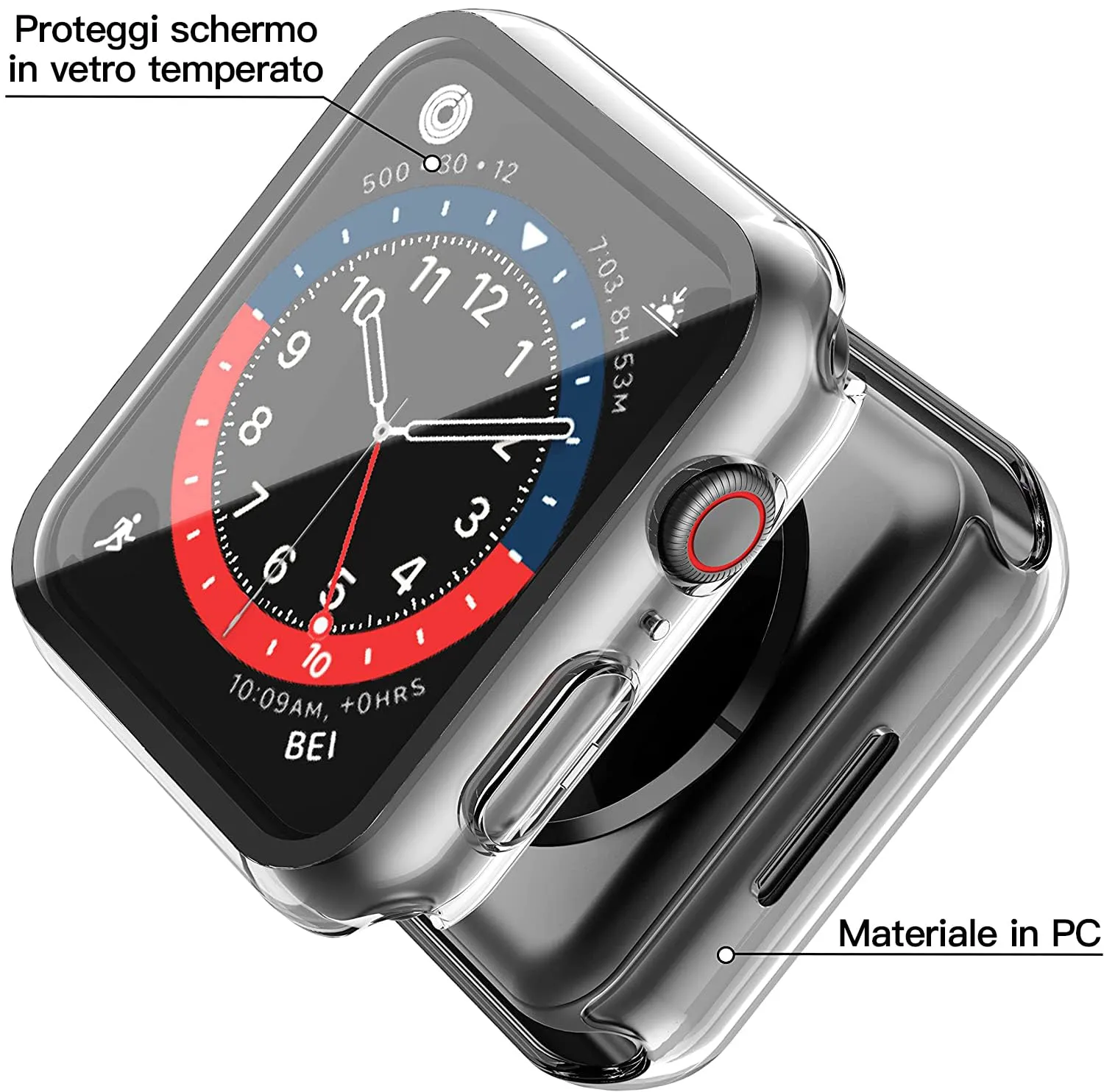Misxi Custodia Rigida con Vetro Temperato per Apple Watch Serie 9, 8, 7 41mm, 1 Nero + 1 Trasparente - immagine 4