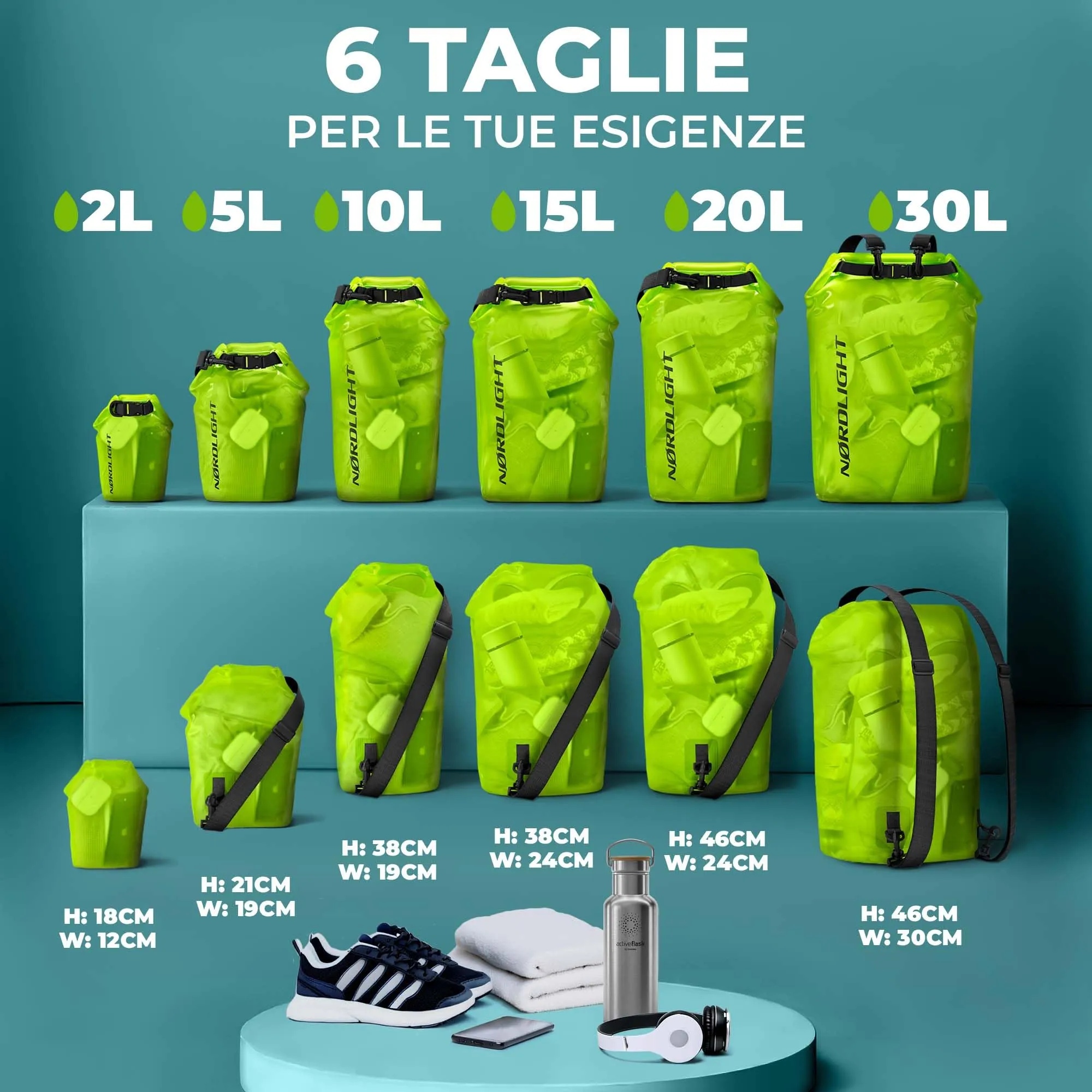 Nordlight Dry Bag Set con Custodia per Cellulare e Marsupio (20L, Verde) - immagine 3
