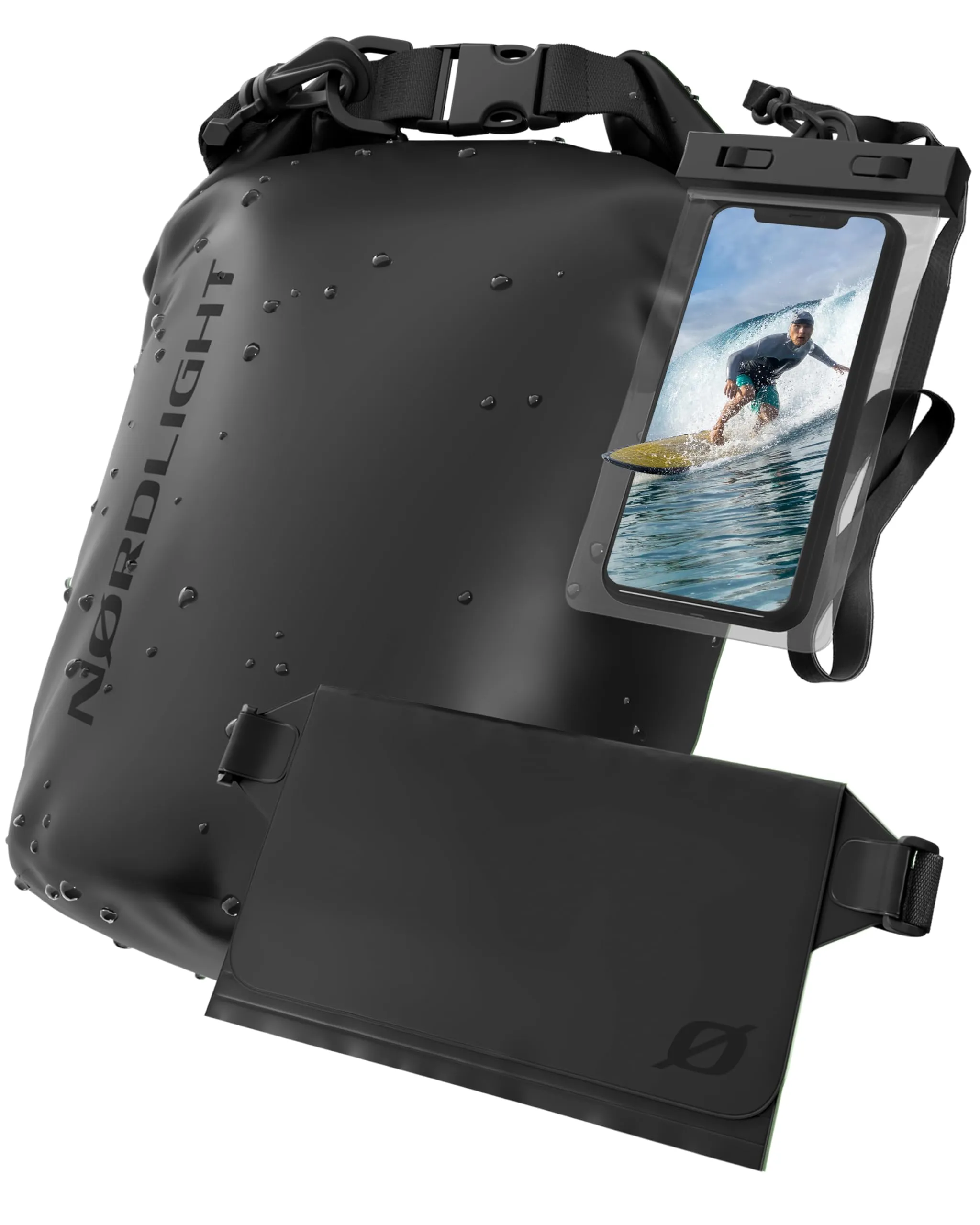 Nordlight Set Sacca Impermeabile 20L con Custodia per Cellulare e Marsupio, Nero - immagine 1