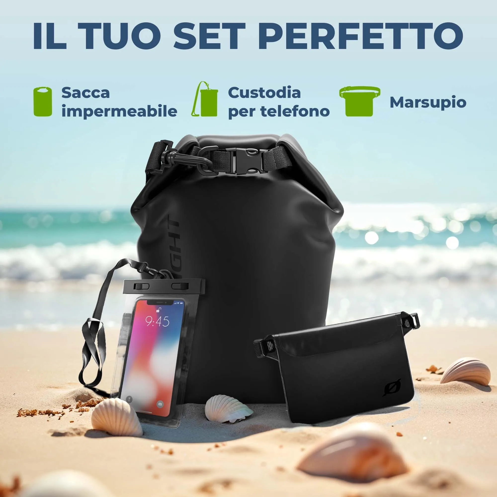 Nordlight Set Sacca Impermeabile 20L con Custodia per Cellulare e Marsupio, Nero - immagine 2