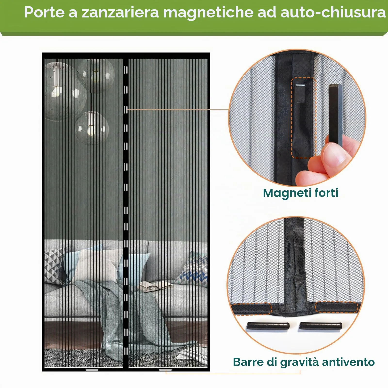 Risareyi Zanzariera Magnetica per Porte 95x215cm, Nero, Rete Fine - immagine 4