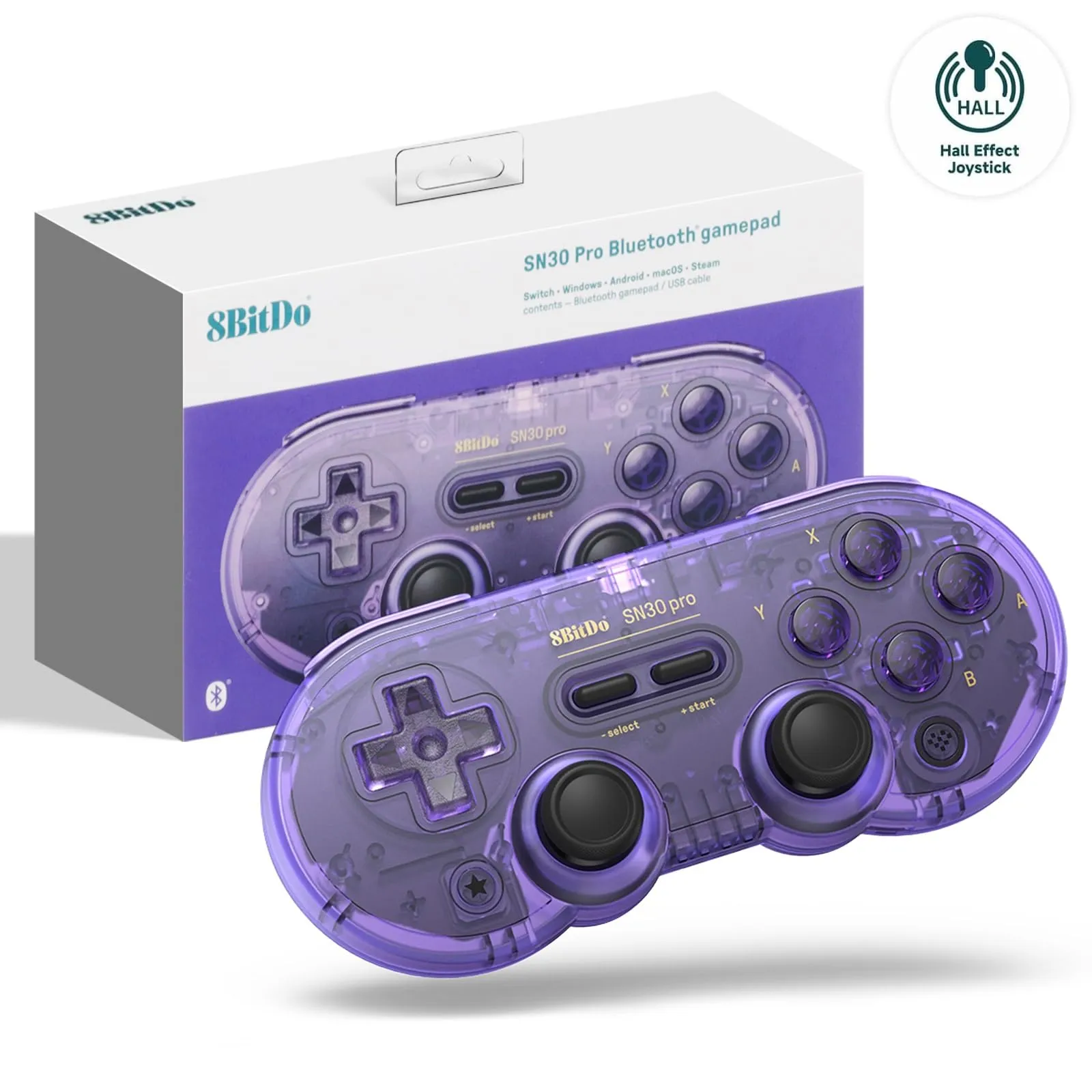 8Bitdo SN30 Pro Bluetooth Gamepad with Hall Effect Joysticks for Switch, PC, Android, macOS (Transparent Purple) - immagine 1