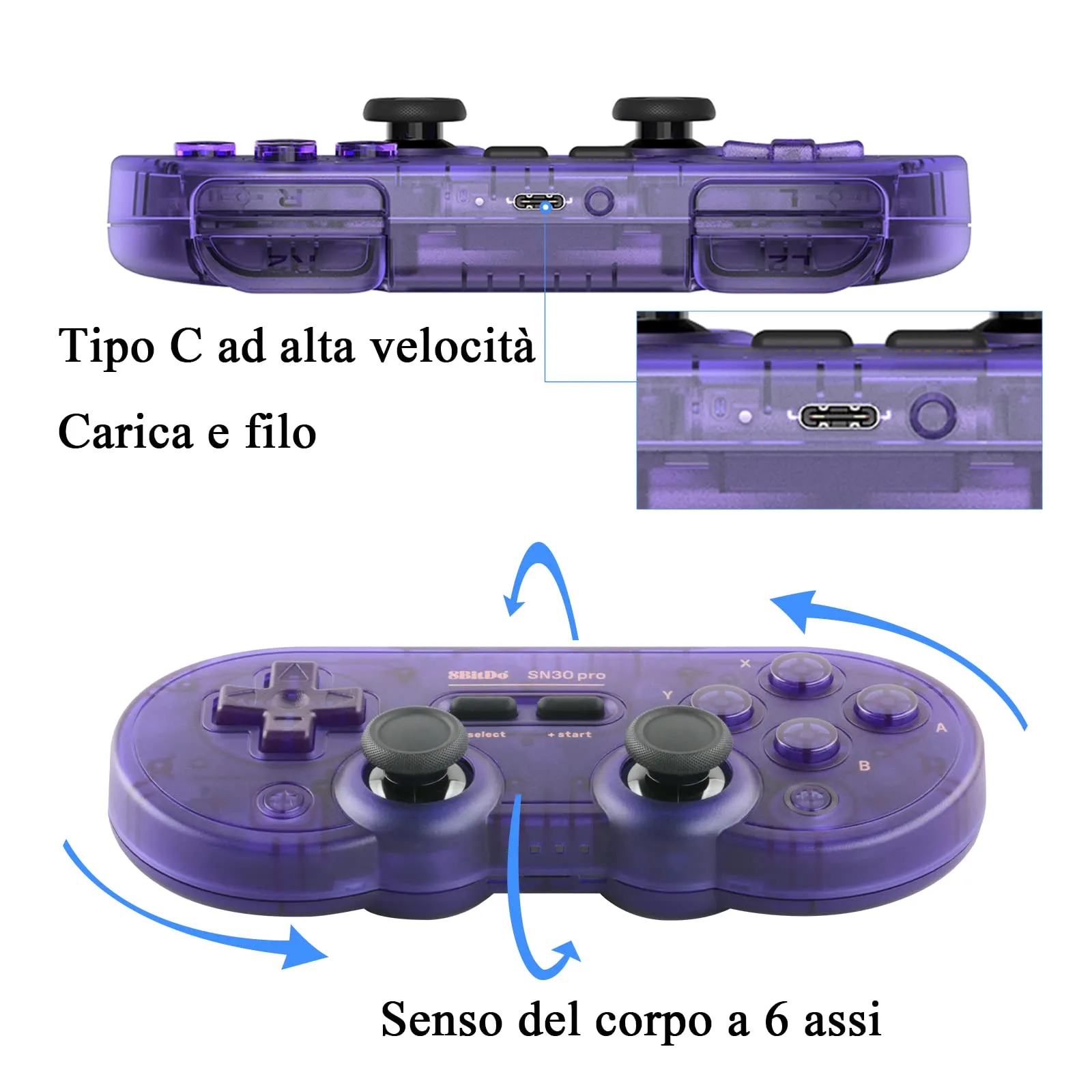 8Bitdo SN30 Pro Bluetooth Gamepad with Hall Effect Joysticks for Switch, PC, Android, macOS (Transparent Purple) - immagine 4