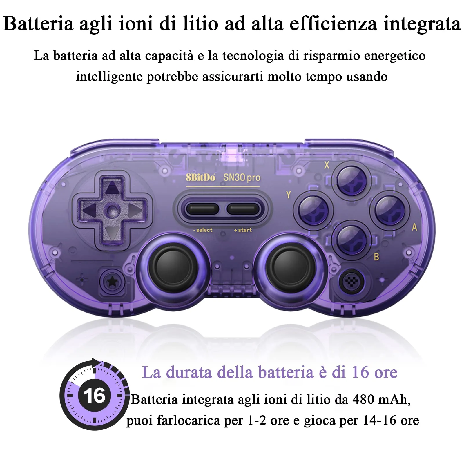 8Bitdo SN30 Pro Bluetooth Gamepad with Hall Effect Joysticks for Switch, PC, Android, macOS (Transparent Purple) - immagine 5