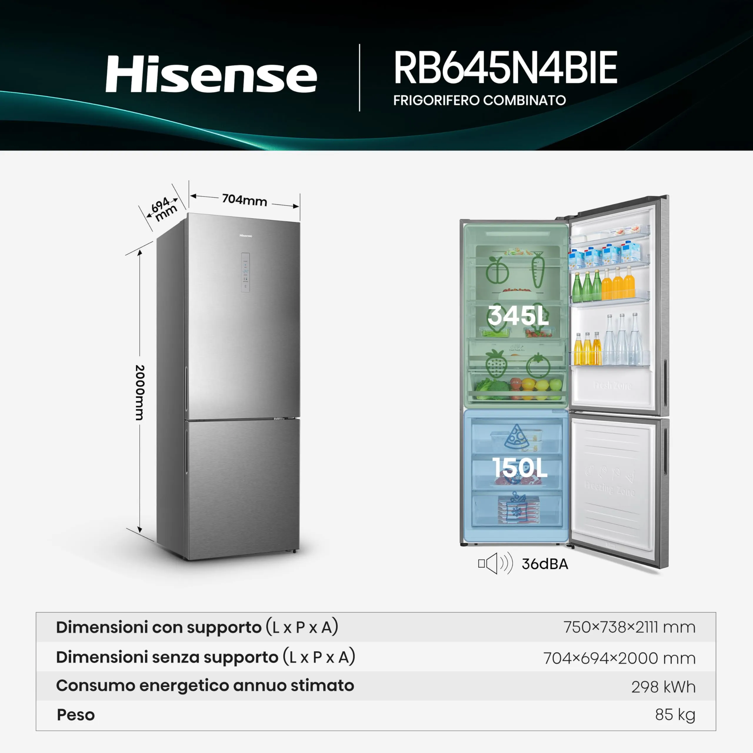 Hisense RB645N4BIE Frigorifero Combinato Total No Frost, 200x70,4 cm, Classe E, 495 Litri, Inox - immagine 2