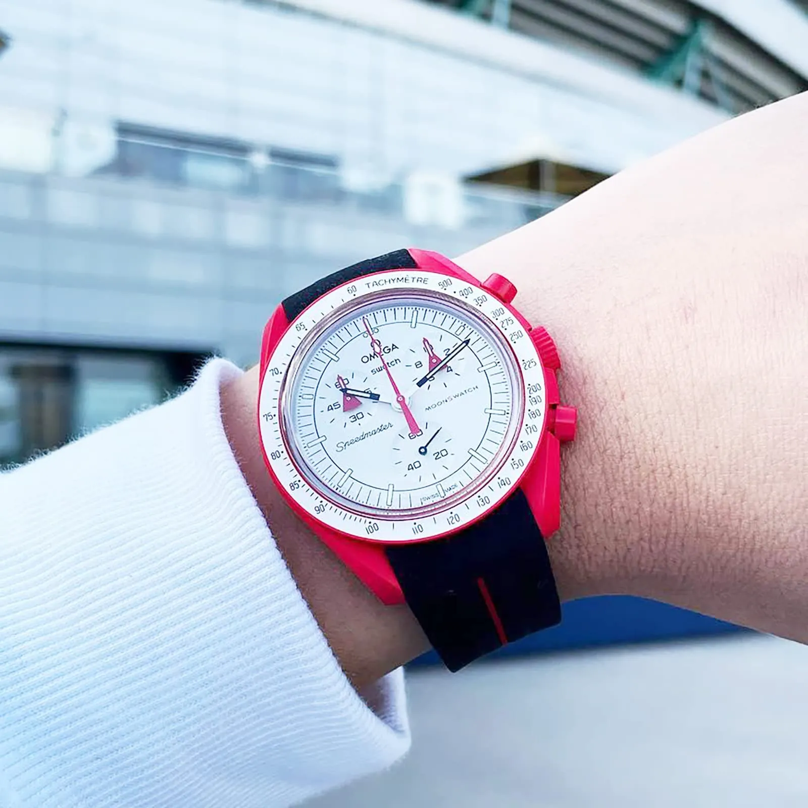 BONACE Cinturino in silicone per Omega x Swatch MoonSwatch Speedmaster, 20mm (Linea rossa nera) - immagine 3