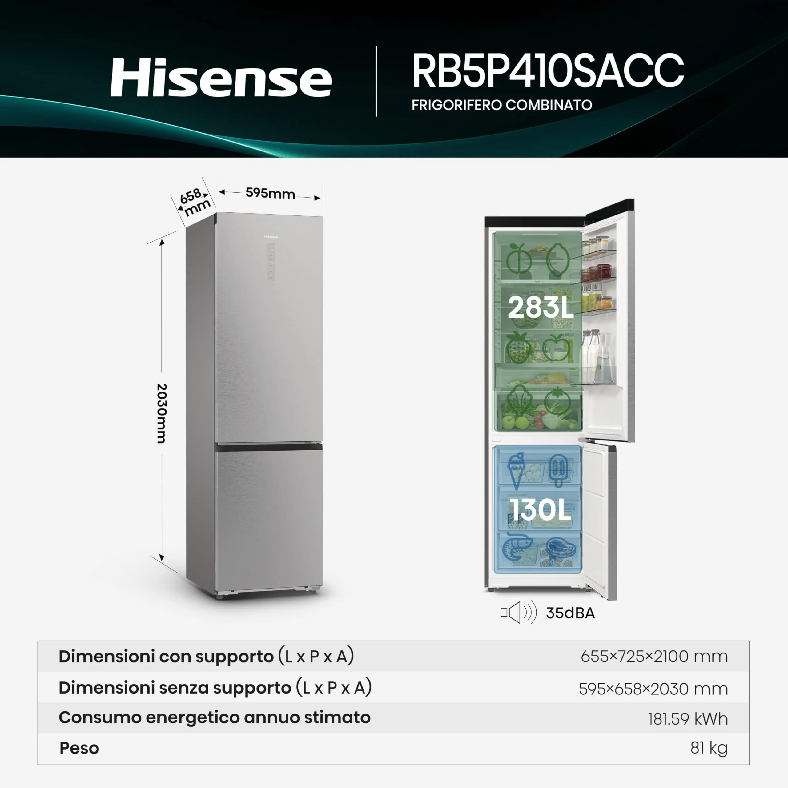 Hisense RB5P410SACC Frigorifero Combinato Total No Frost, Inox, 203x65.8cm, Classe C, 413L, WiFi, Metal Tech Cooling, Porta Reversibile - immagine 2