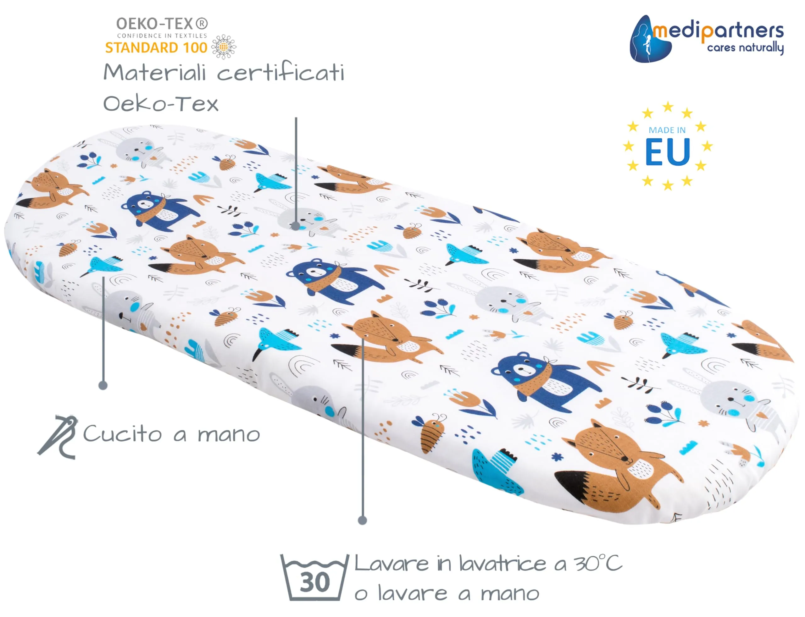 Medi Partners Lenzuola Lettino Culla 86x40 Set da 3, 100% Cotone, Boho Animals-Bianco-Grigio - immagine 3