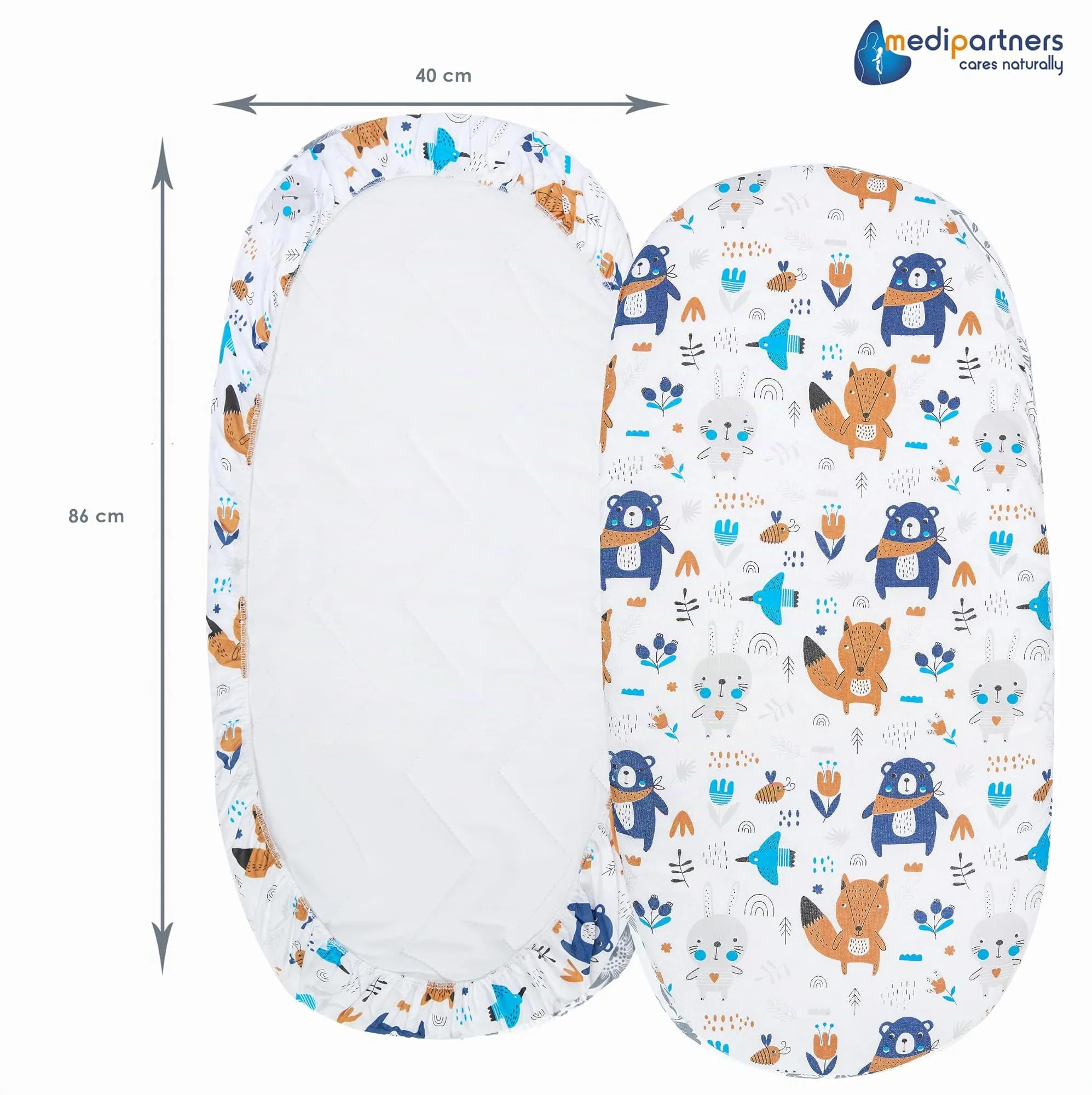Medi Partners Lenzuola Lettino Culla 86x40 Set da 3, 100% Cotone, Boho Animals-Bianco-Grigio - immagine 4