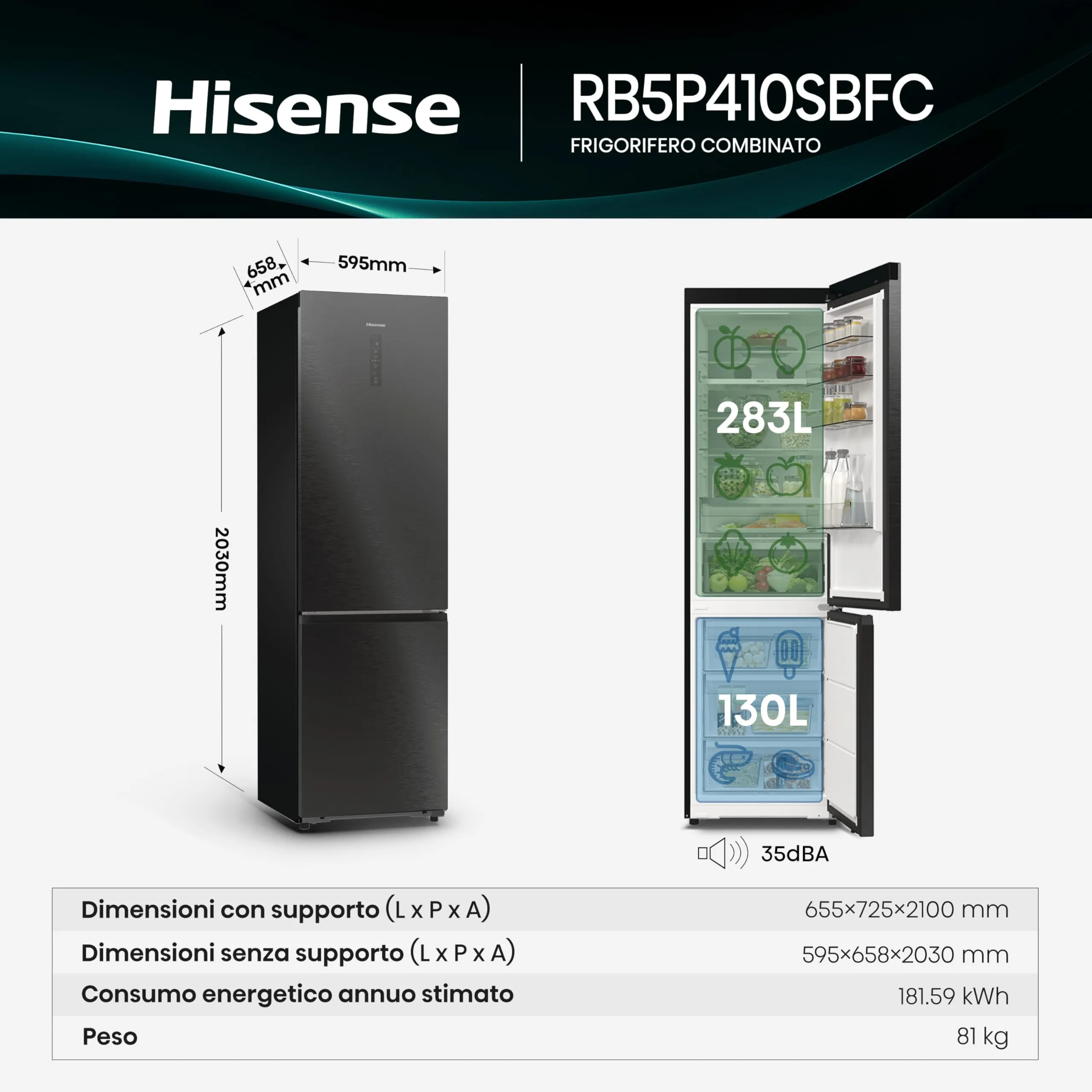 Hisense RB5P410SBFC Frigorifero Combinato Total No Frost, Nero Inox, 203x65,8cm, Classe C, 413L, Wifi, Metal Tech Cooling, Porta Reversibile - immagine 2