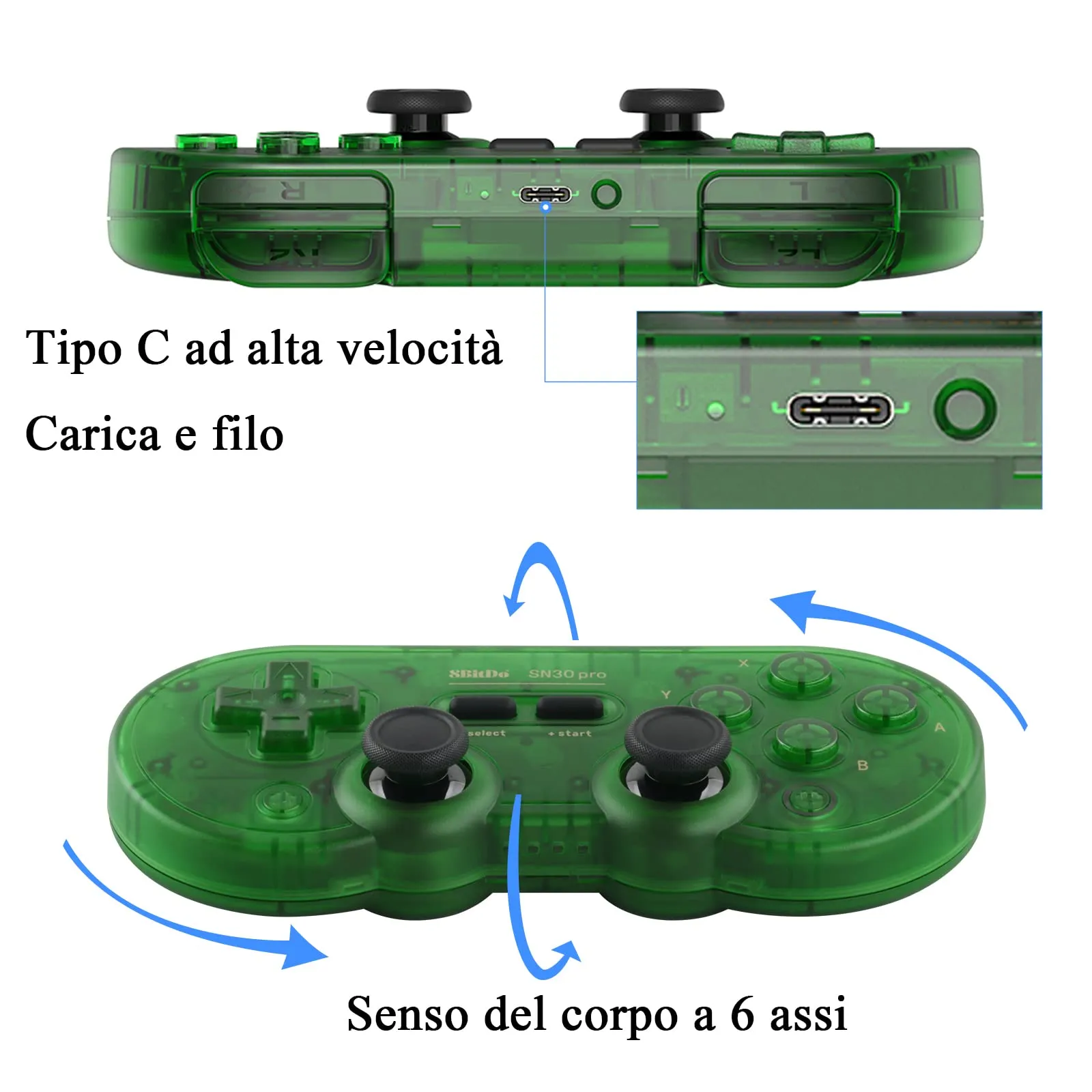 8Bitdo SN30 Pro Bluetooth Gamepad con Joystick Effetto Hall per Switch, PC, Android, macOS, Steam, Raspberry Pi (Verde Trasparente) - immagine 4