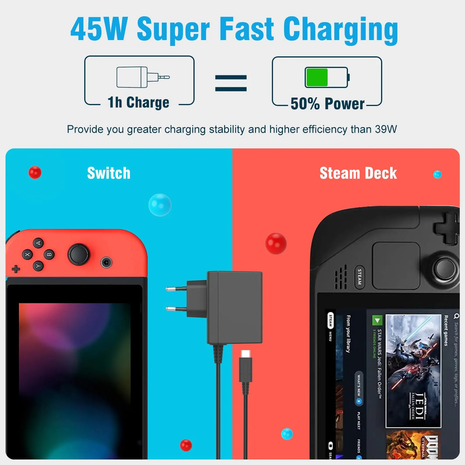 SATURNDOCK Caricatore 45W per Nintendo Switch, OLED, Lite, Steam Deck e Pro Controller, Supporto Modalità TV, Cavo 1.5M - immagine 2