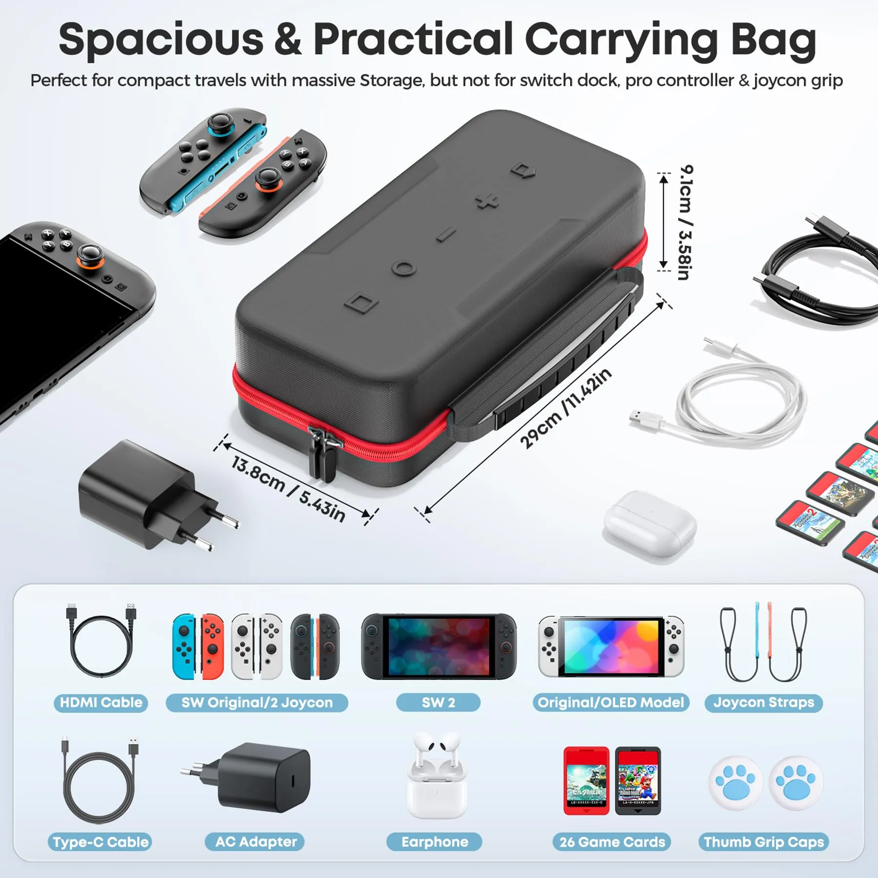 Tokluck Custodia da Viaggio per Switch 2, OLED 2021/2017, con Pad per Schermo, Slot per 26 Giochi e Scomparto per Adattatore CA, Rosso - immagine 4