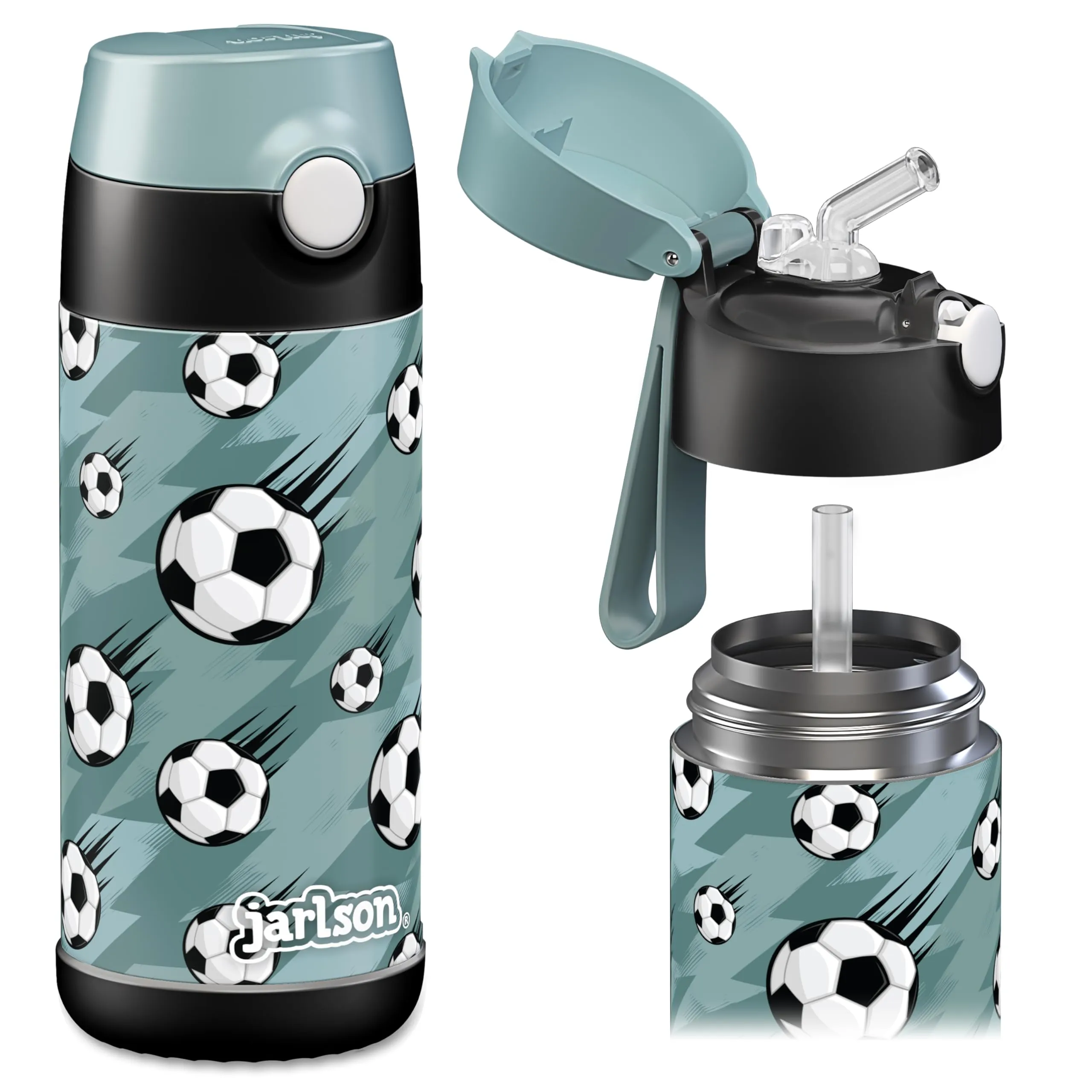 Jarlson Borraccia Termica Bambini Charli con Cannuccia, Acciaio Inox, 350ml, Calcio - immagine 1