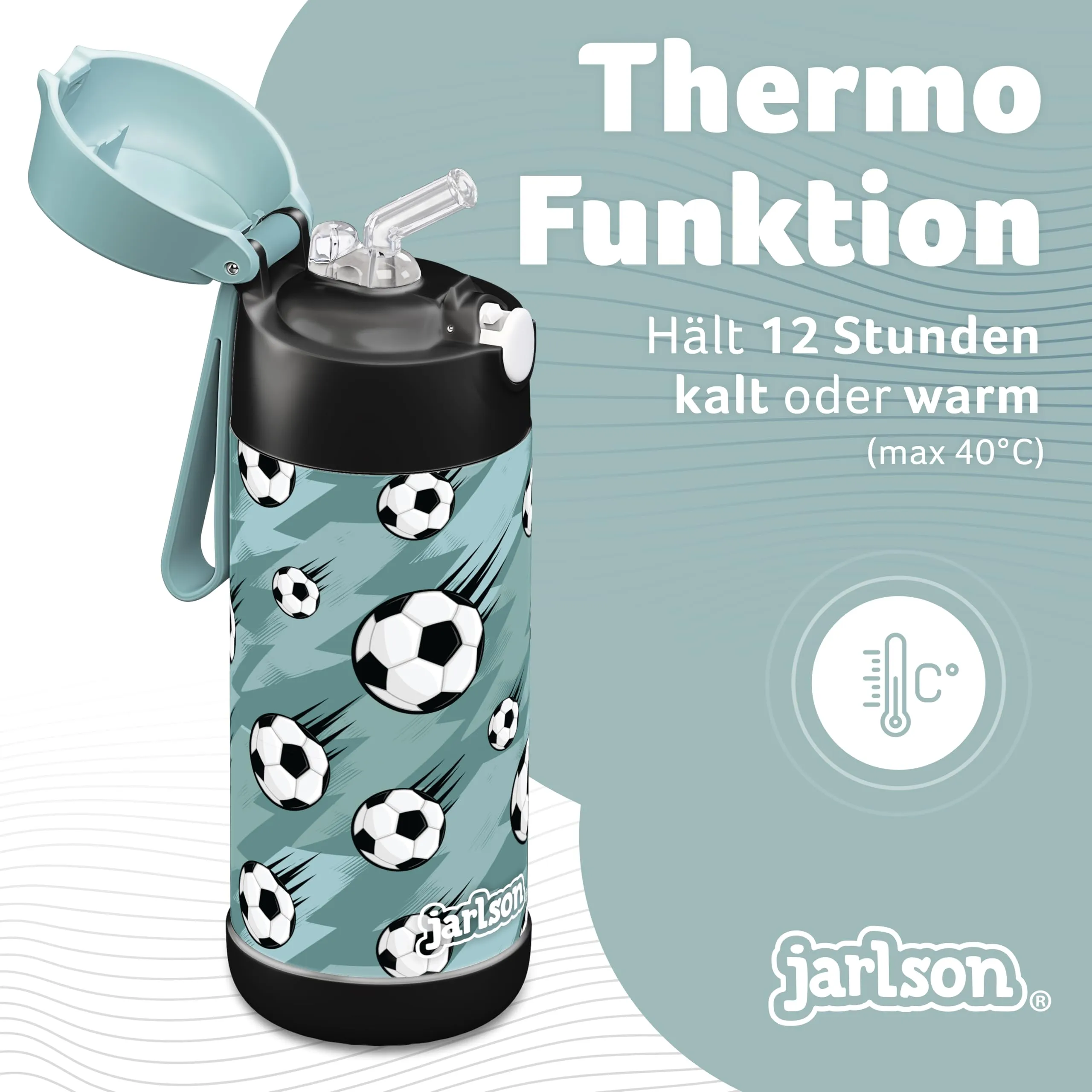 Jarlson Borraccia Termica Bambini Charli con Cannuccia, Acciaio Inox, 350ml, Calcio - immagine 2