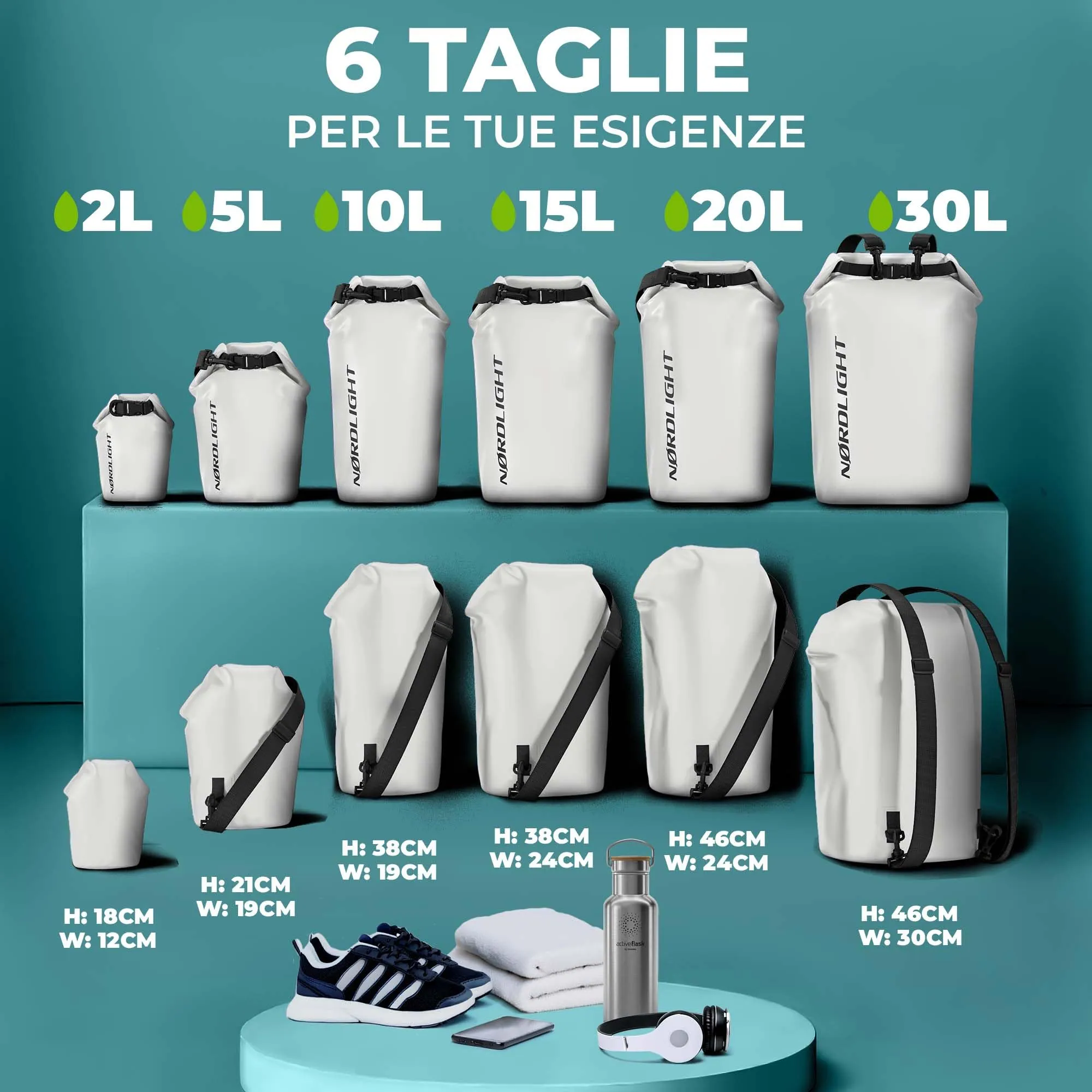 Nordlight Dry Bag Sacca Impermeabile 10L, Bianco - immagine 3