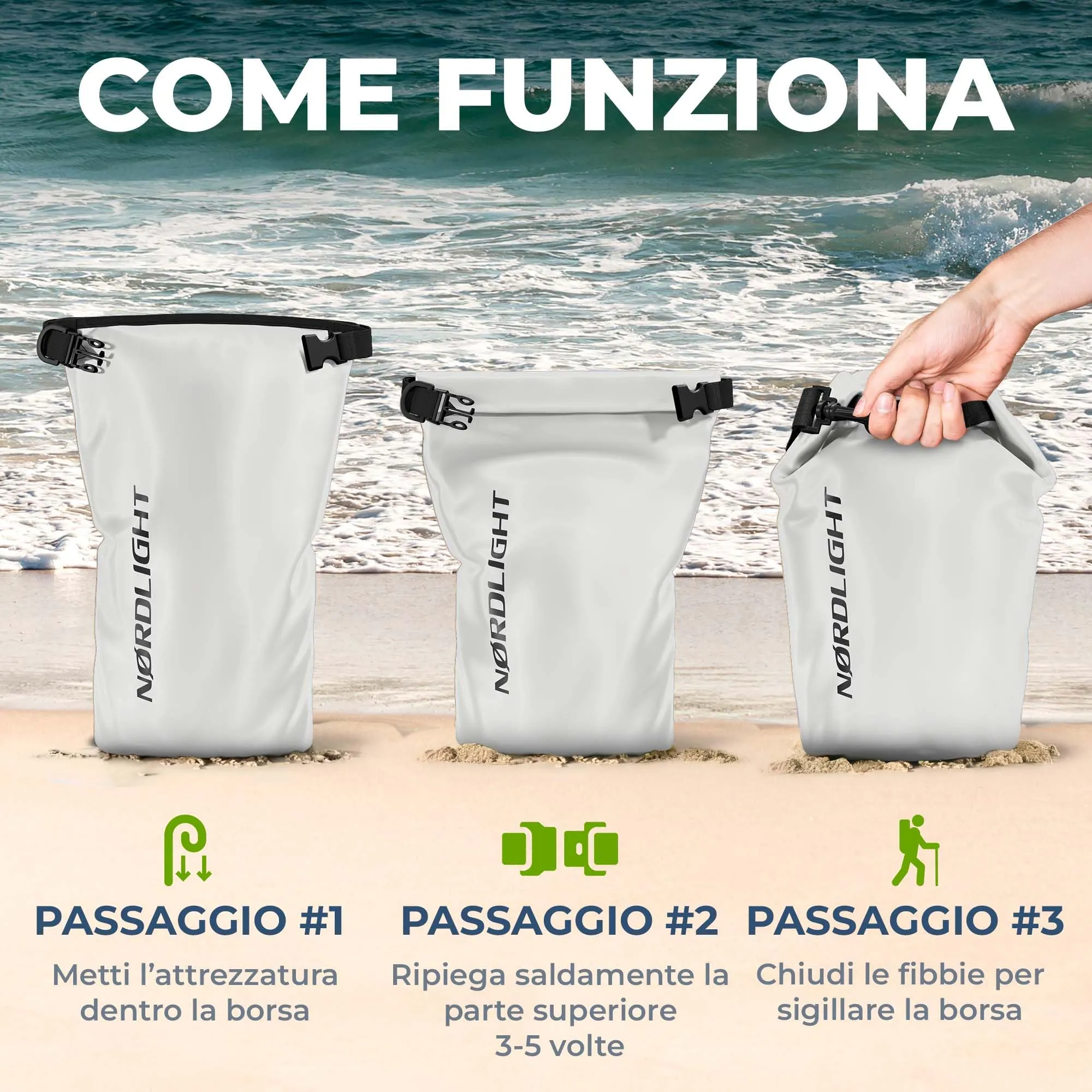 Nordlight Dry Bag Sacca Impermeabile 10L, Bianco - immagine 7