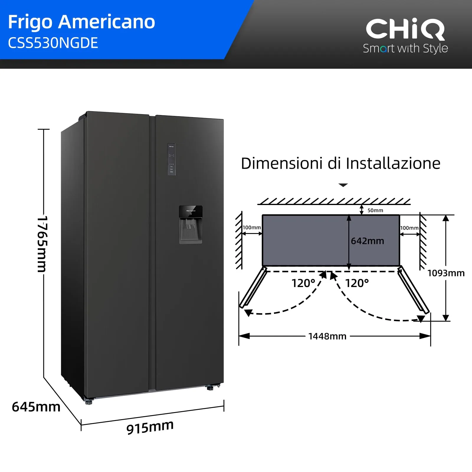 CHiQ Frigorifero Americano CSS530NGDE 525L No Frost con Distributore d'Acqua, Nero - immagine 2