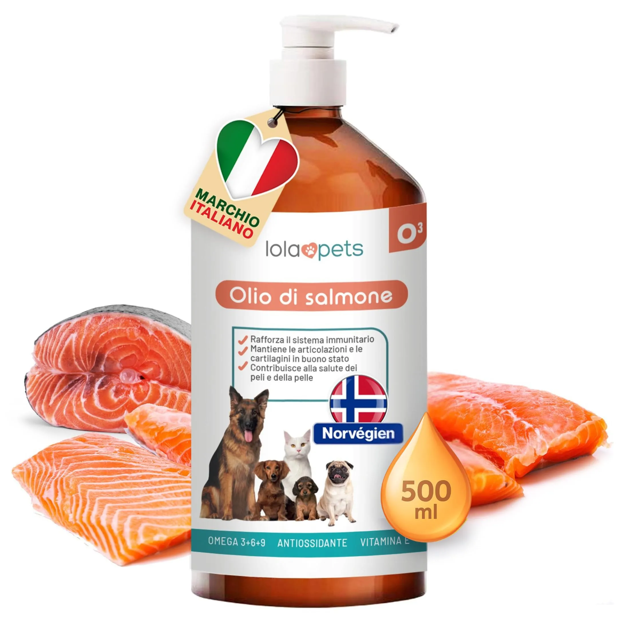O³ Olio di Salmone Norvegese per Cani, Omega 3+6+9 e Vitamina E, 500ml - immagine 1