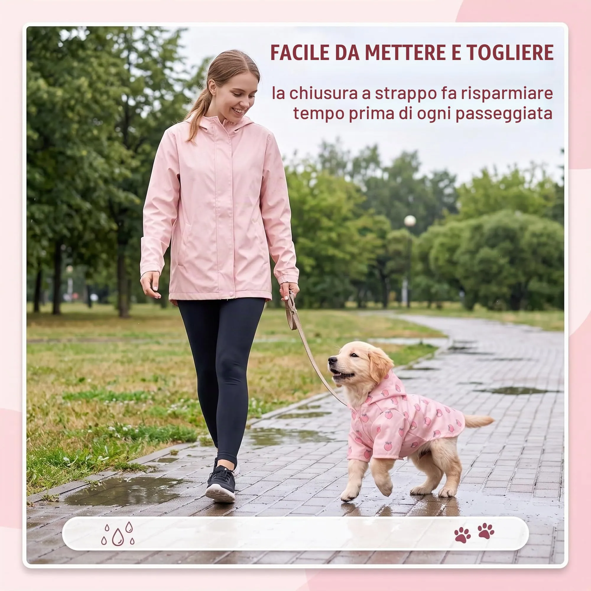 ZUWIJEQ Mantella Pioggia per Cane Piccola e Media Taglia (4-7kg), con Cappuccio e Foro Guinzaglio, XL, Rosa con Motivo Pesca - immagine 3