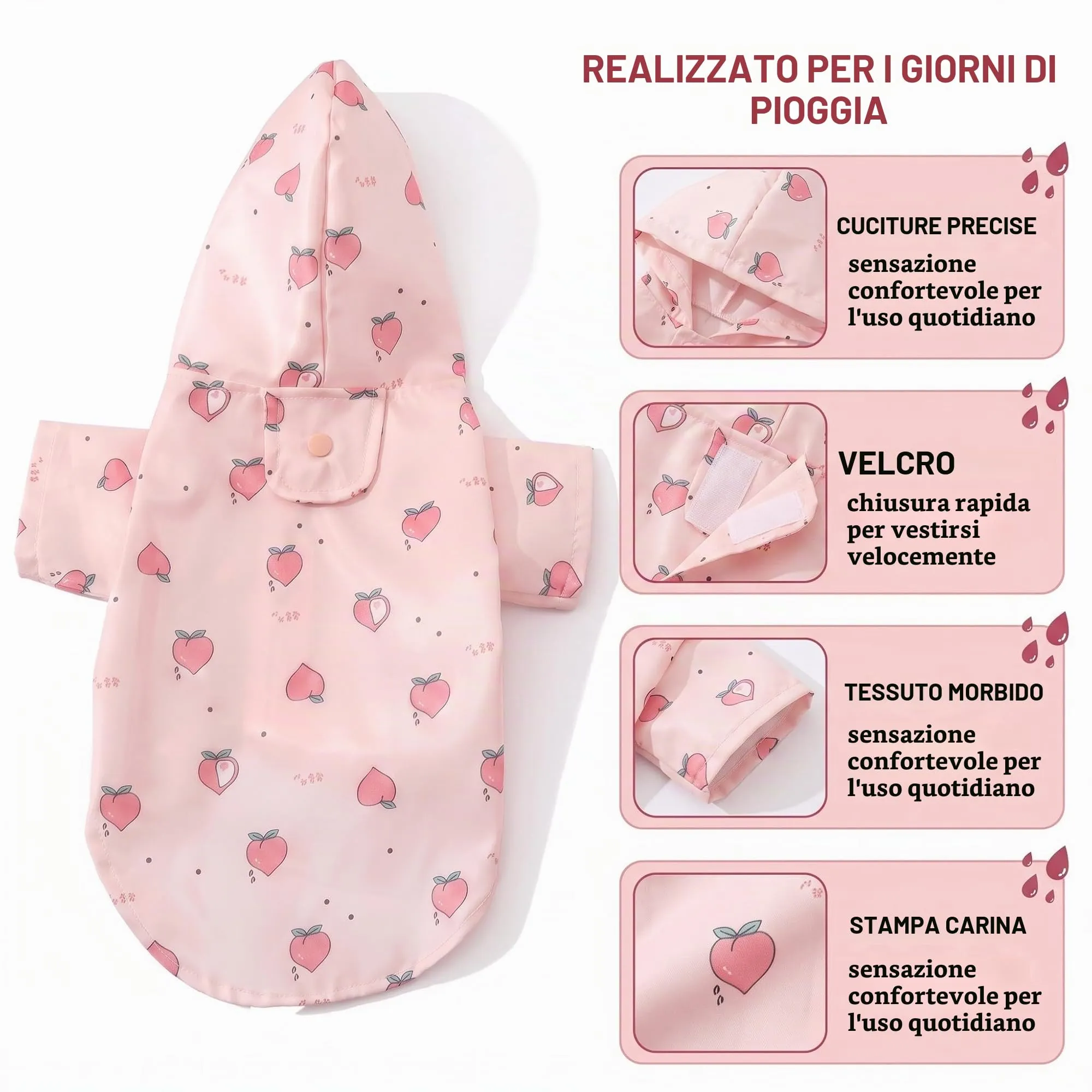 ZUWIJEQ Mantella Pioggia per Cane Piccola e Media Taglia (4-7kg), con Cappuccio e Foro Guinzaglio, XL, Rosa con Motivo Pesca - immagine 4