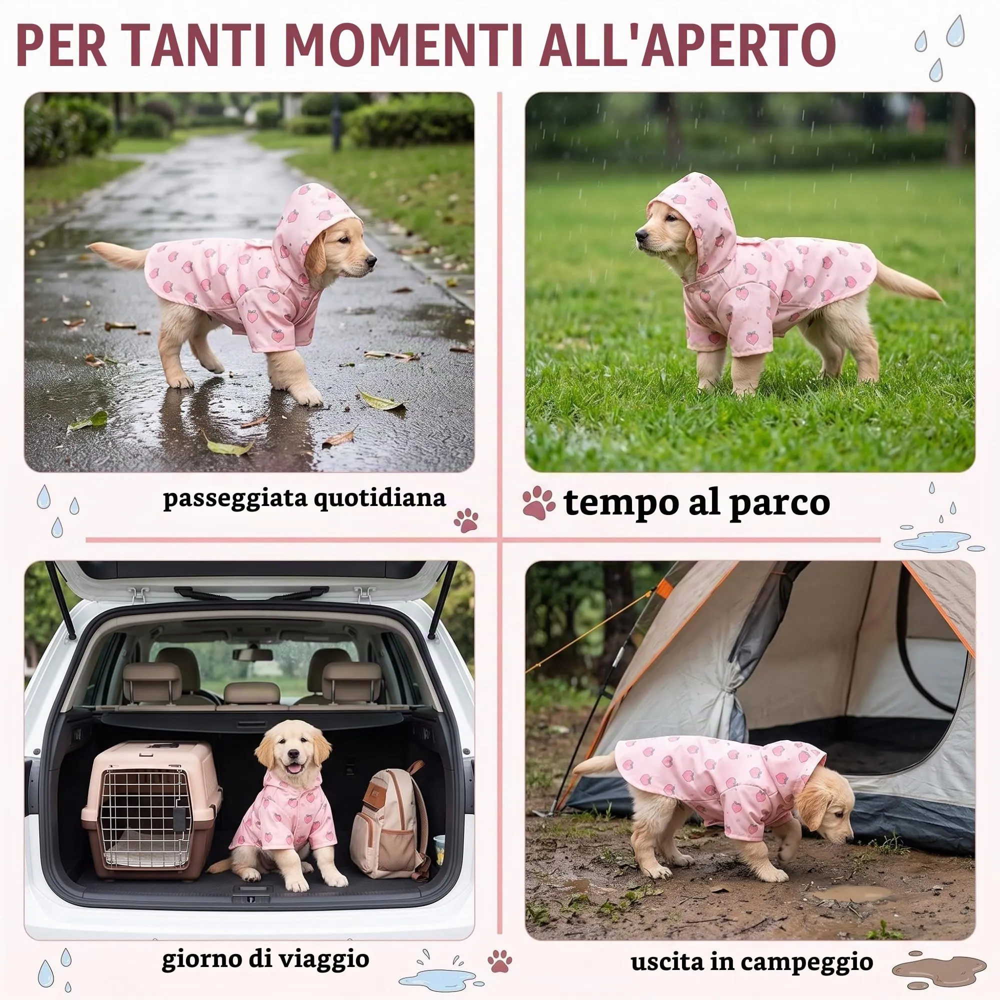 ZUWIJEQ Mantella Pioggia per Cane Piccola e Media Taglia (4-7kg), con Cappuccio e Foro Guinzaglio, XL, Rosa con Motivo Pesca - immagine 5