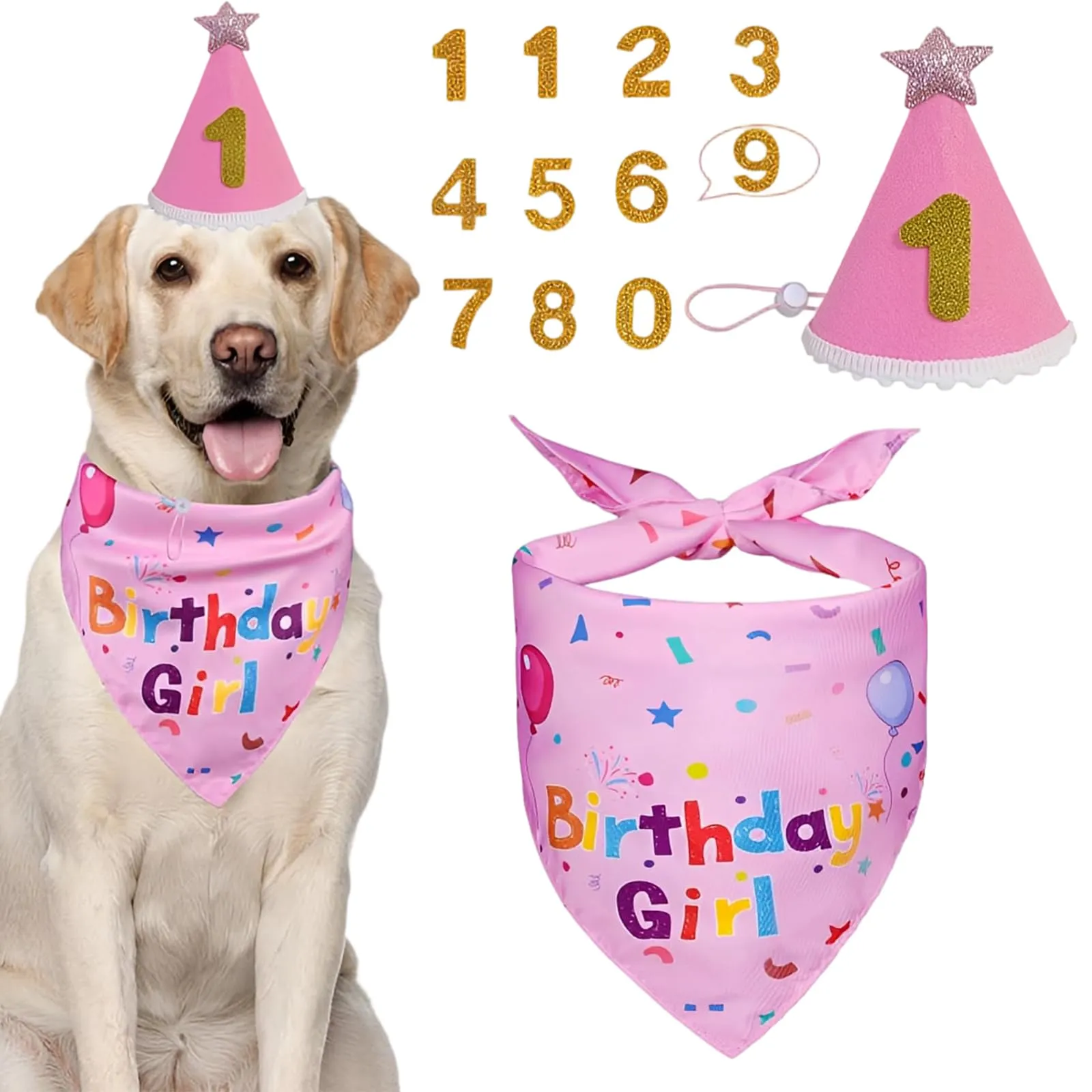 GWEOR Set Compleanno Cane Rosa, Cappello e Bandana Riutilizzabili con Numeri, Taglia L - immagine 1