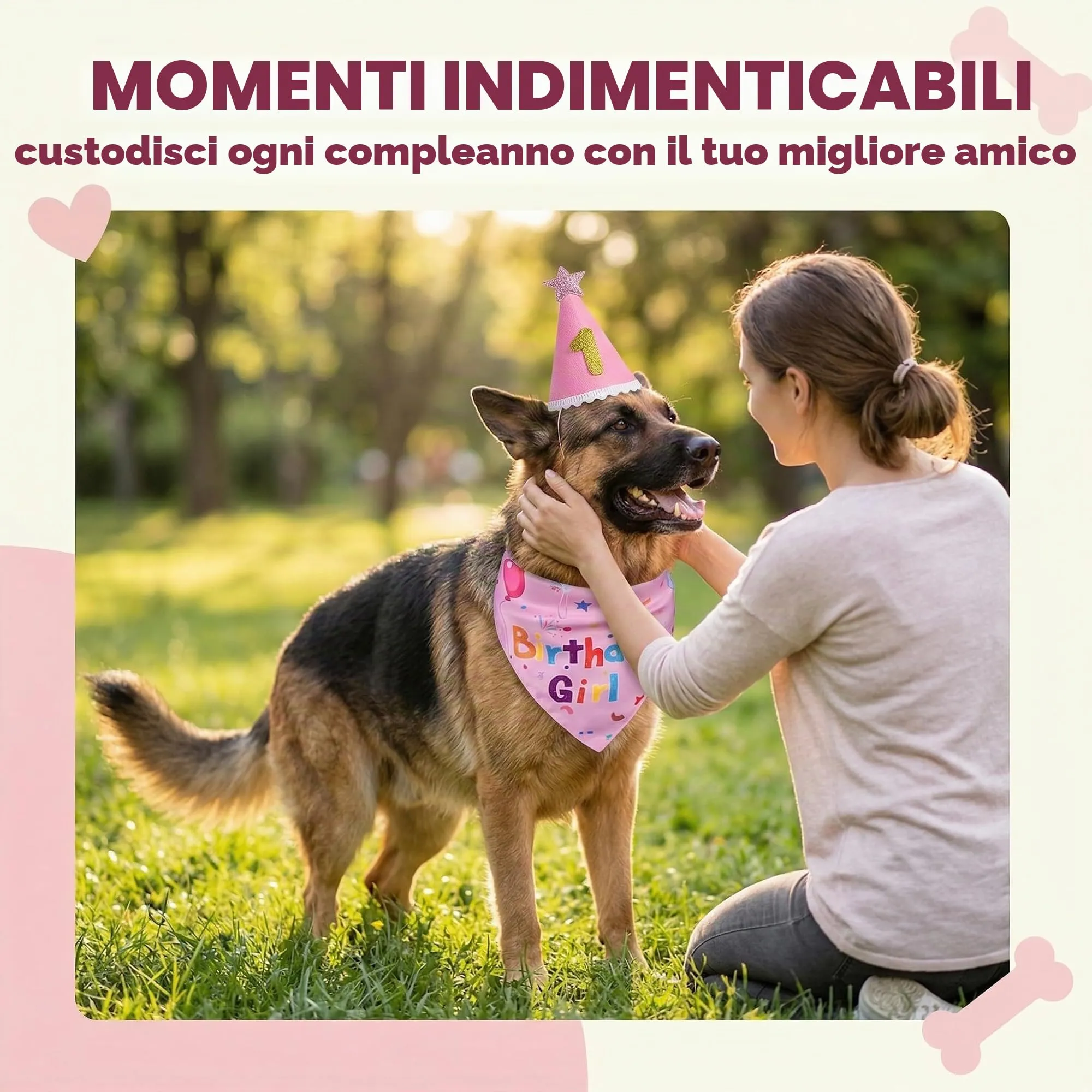 GWEOR Set Compleanno Cane Rosa, Cappello e Bandana Riutilizzabili con Numeri, Taglia L - immagine 2