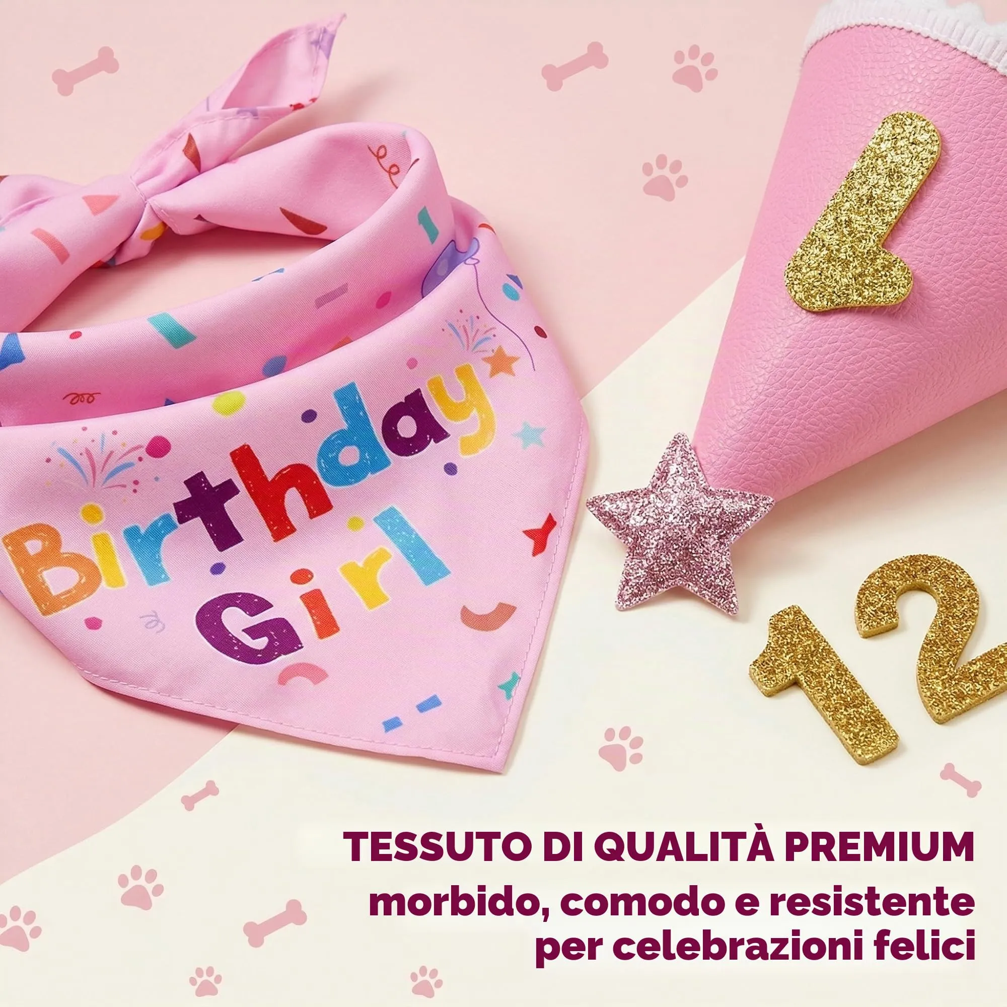 GWEOR Set Compleanno Cane Rosa, Cappello e Bandana Riutilizzabili con Numeri, Taglia L - immagine 3