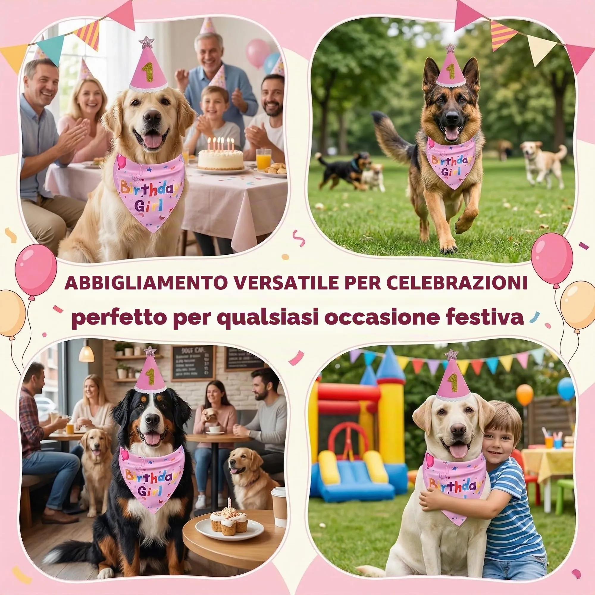 GWEOR Set Compleanno Cane Rosa, Cappello e Bandana Riutilizzabili con Numeri, Taglia L - immagine 4