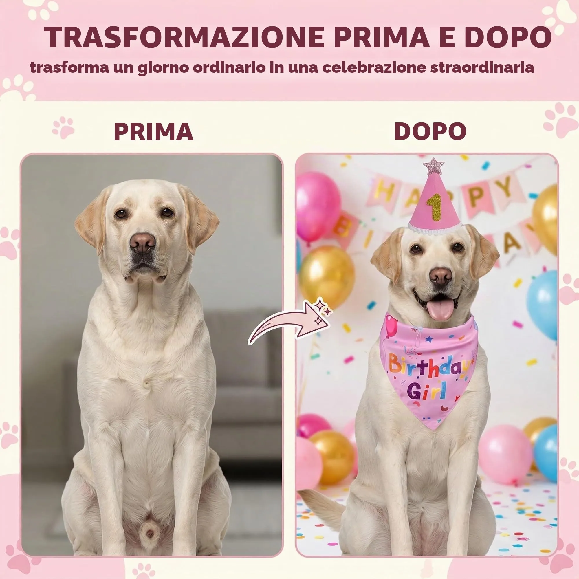 GWEOR Set Compleanno Cane Rosa, Cappello e Bandana Riutilizzabili con Numeri, Taglia L - immagine 5