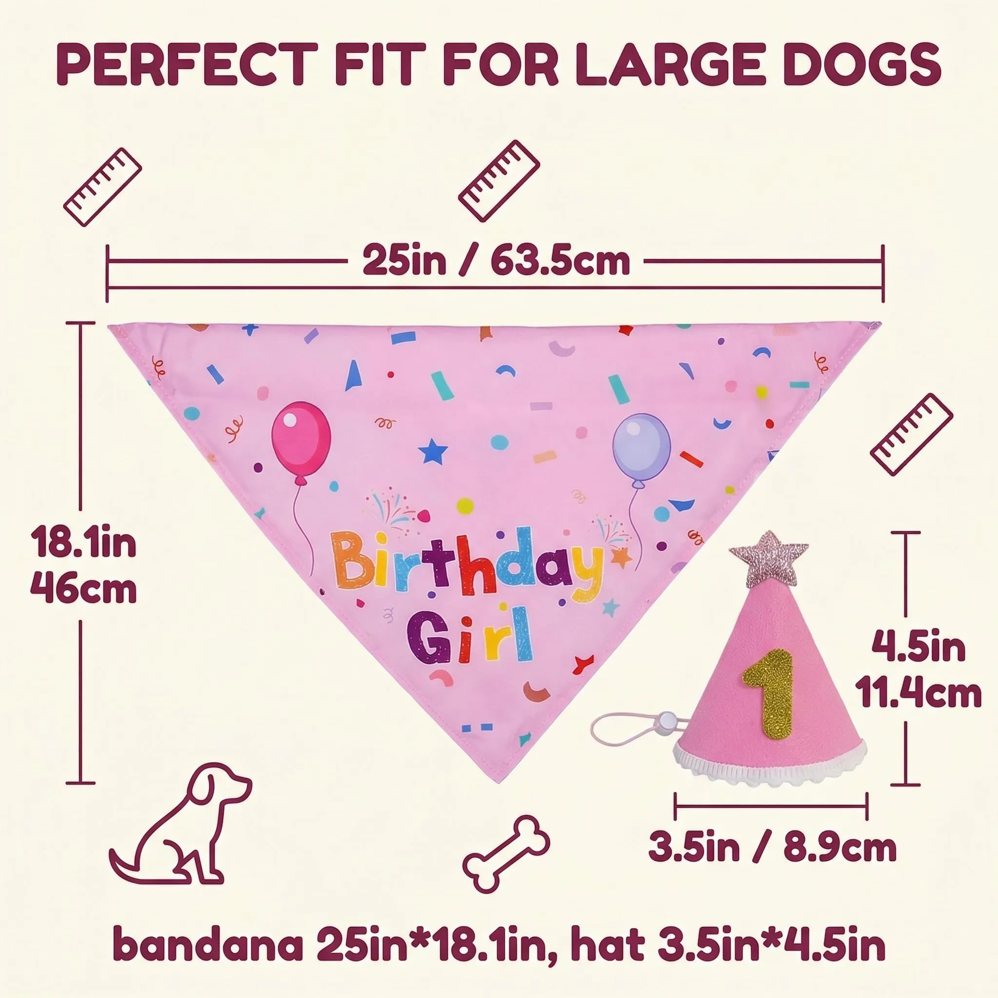 GWEOR Set Compleanno Cane Rosa, Cappello e Bandana Riutilizzabili con Numeri, Taglia L - immagine 6