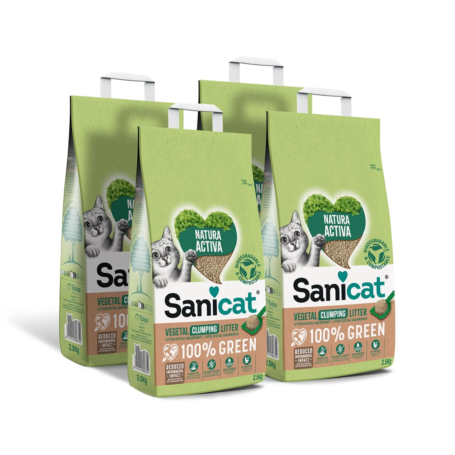 Sanicat Natura Activa 100% Green Lettiera Vegetale Agglomerante, 2,5 kg x 4 - immagine 1