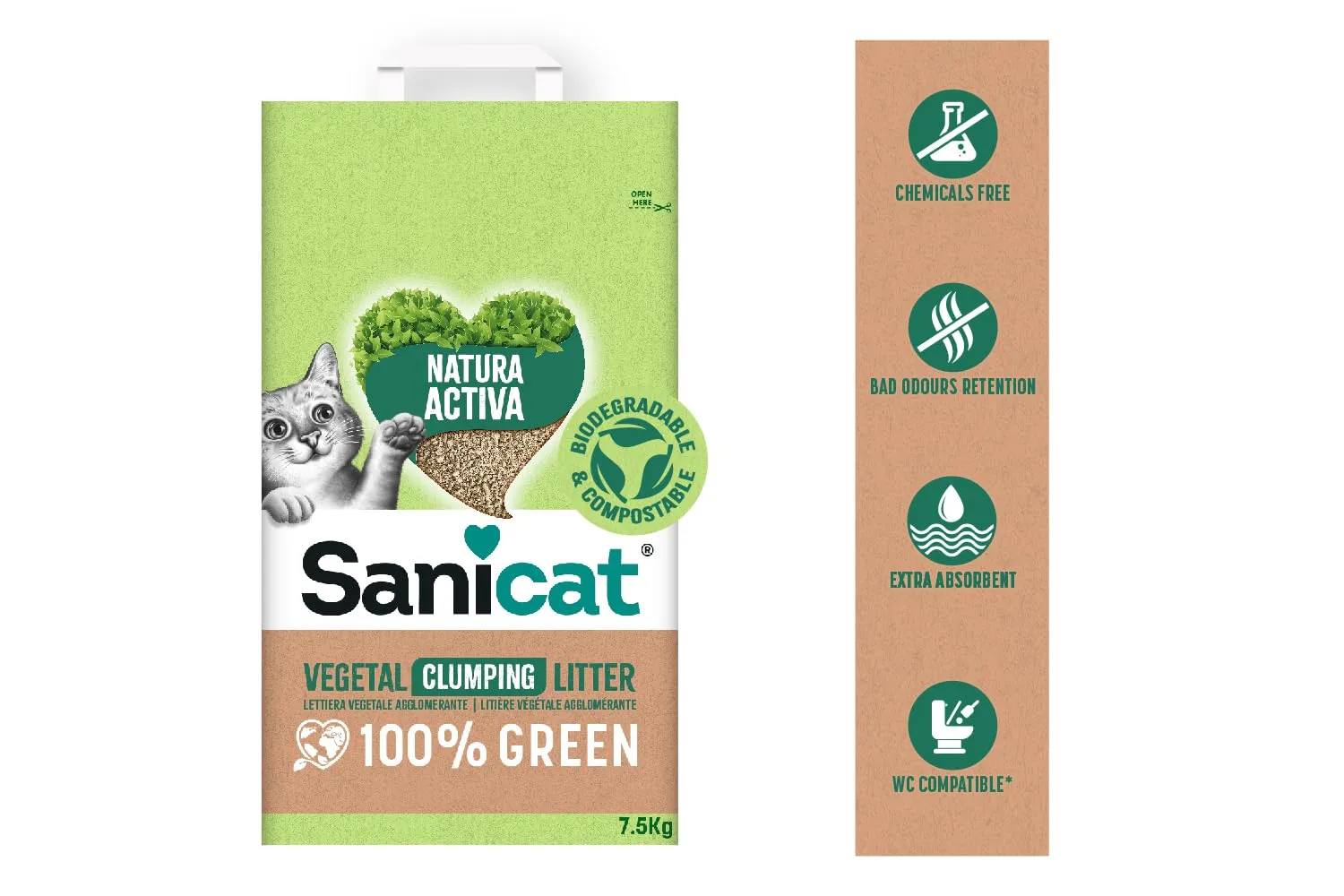 Sanicat Natura Activa 100% Green Lettiera Vegetale Agglomerante, 2,5 kg x 4 - immagine 2