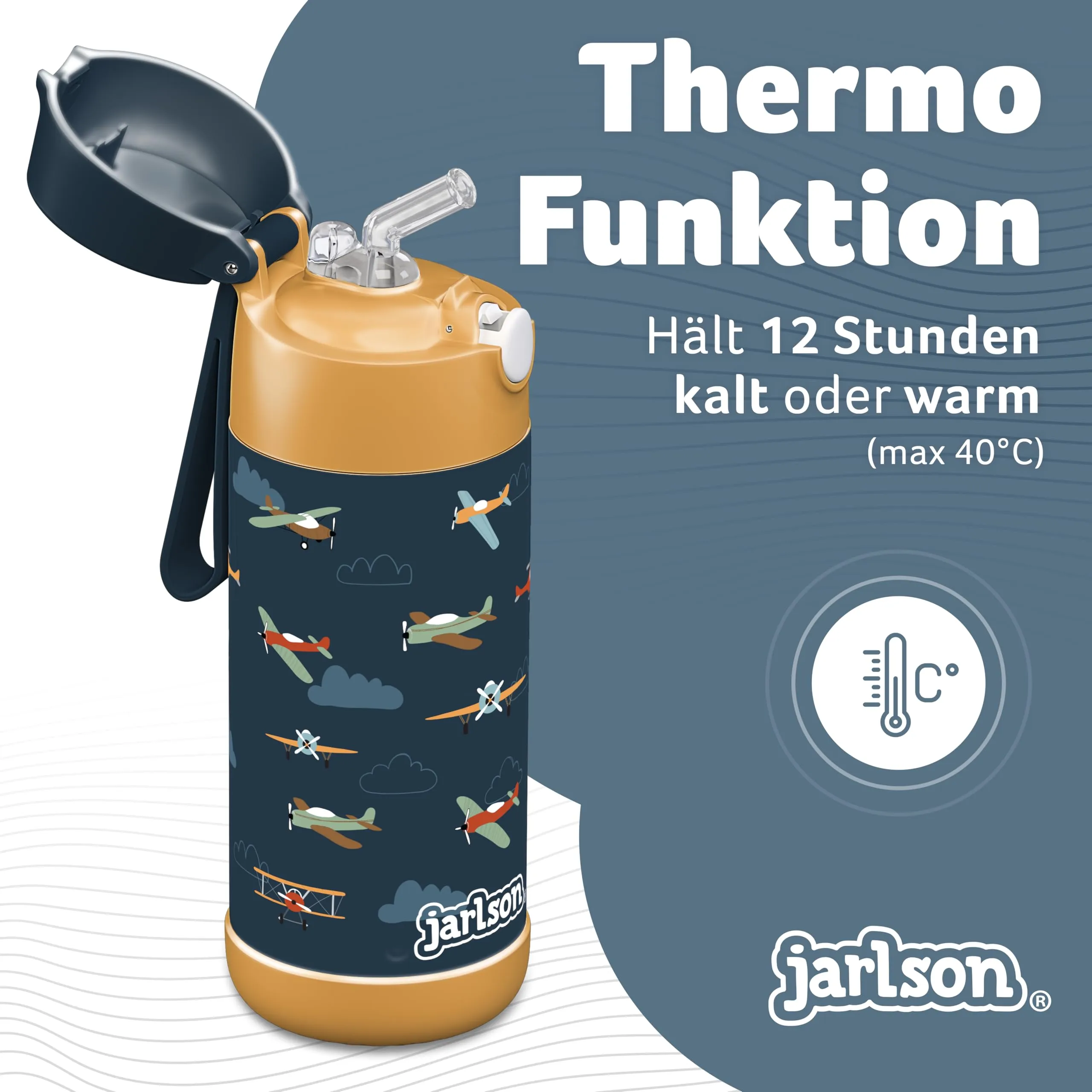 Jarlson Borraccia Termica Bambini Charli con Cannuccia, Acciaio Inox, 350ml, Aerei - immagine 2