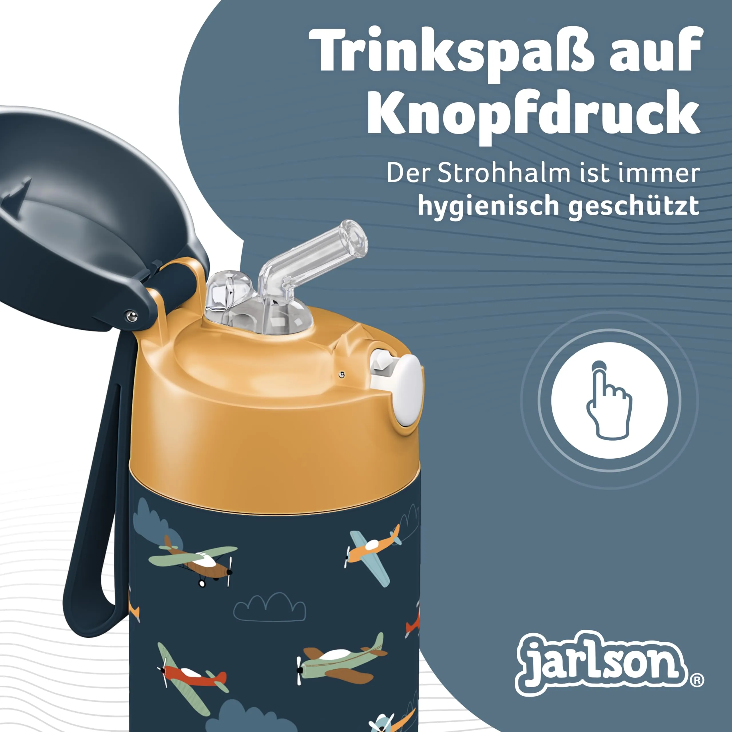 Jarlson Borraccia Termica Bambini Charli con Cannuccia, Acciaio Inox, 350ml, Aerei - immagine 4